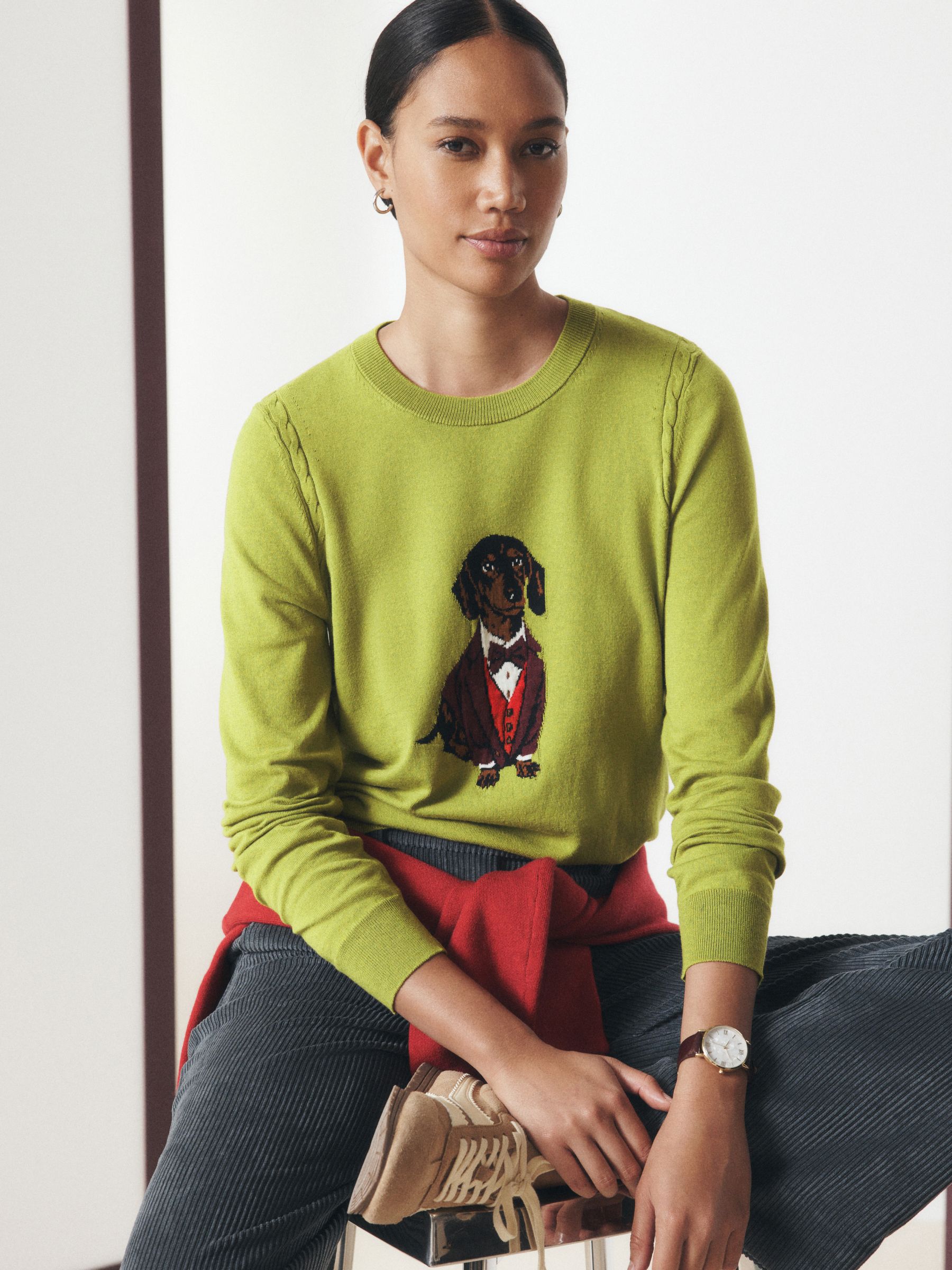 Cotton Rich Soft Touch Long Sleeve Crew Neck Jumper - Green Sausage Dog - Regular - Location Worn