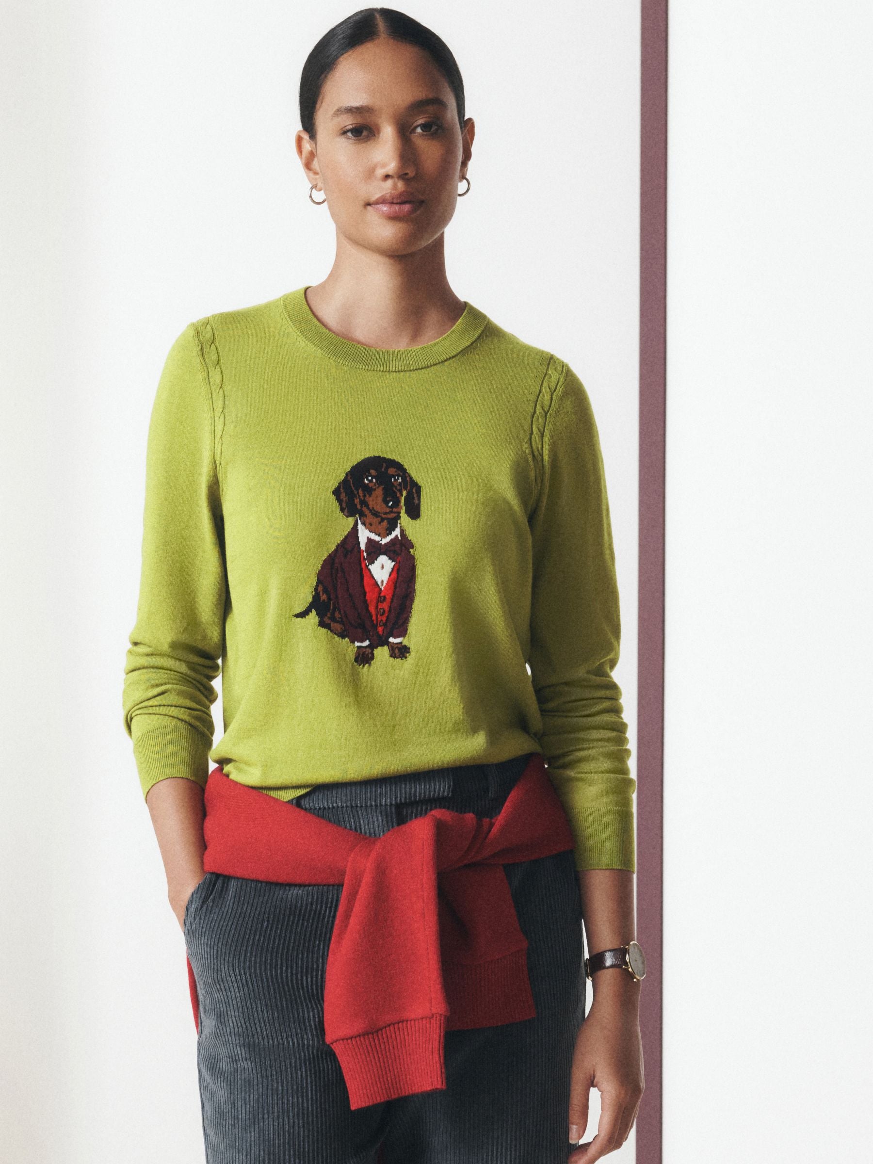 Cotton Rich Soft Touch Long Sleeve Crew Neck Jumper - Green Sausage Dog - Regular - Location Worn