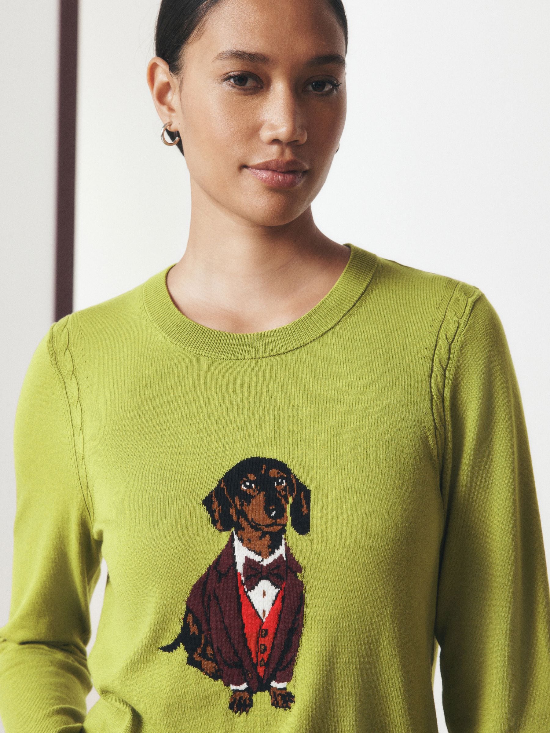 Cotton Rich Soft Touch Long Sleeve Crew Neck Jumper - Green Sausage Dog - Regular - Location Worn