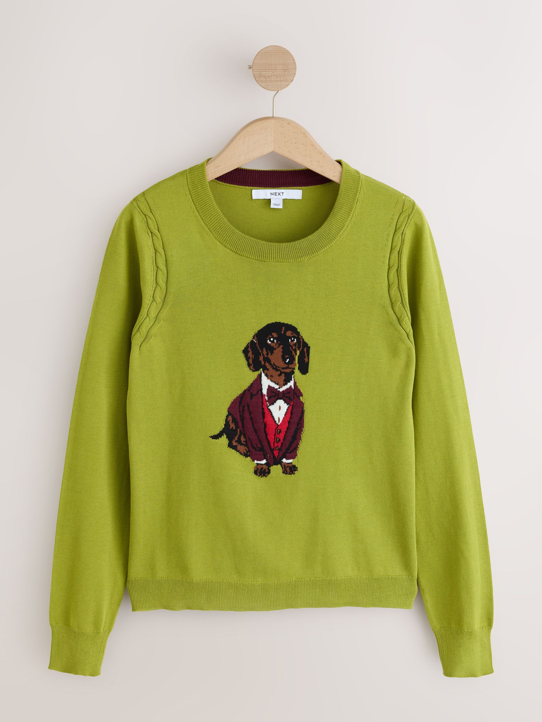 Cotton Rich Soft Touch Long Sleeve Crew Neck Jumper - Green Sausage Dog - Regular - SIP Still Life