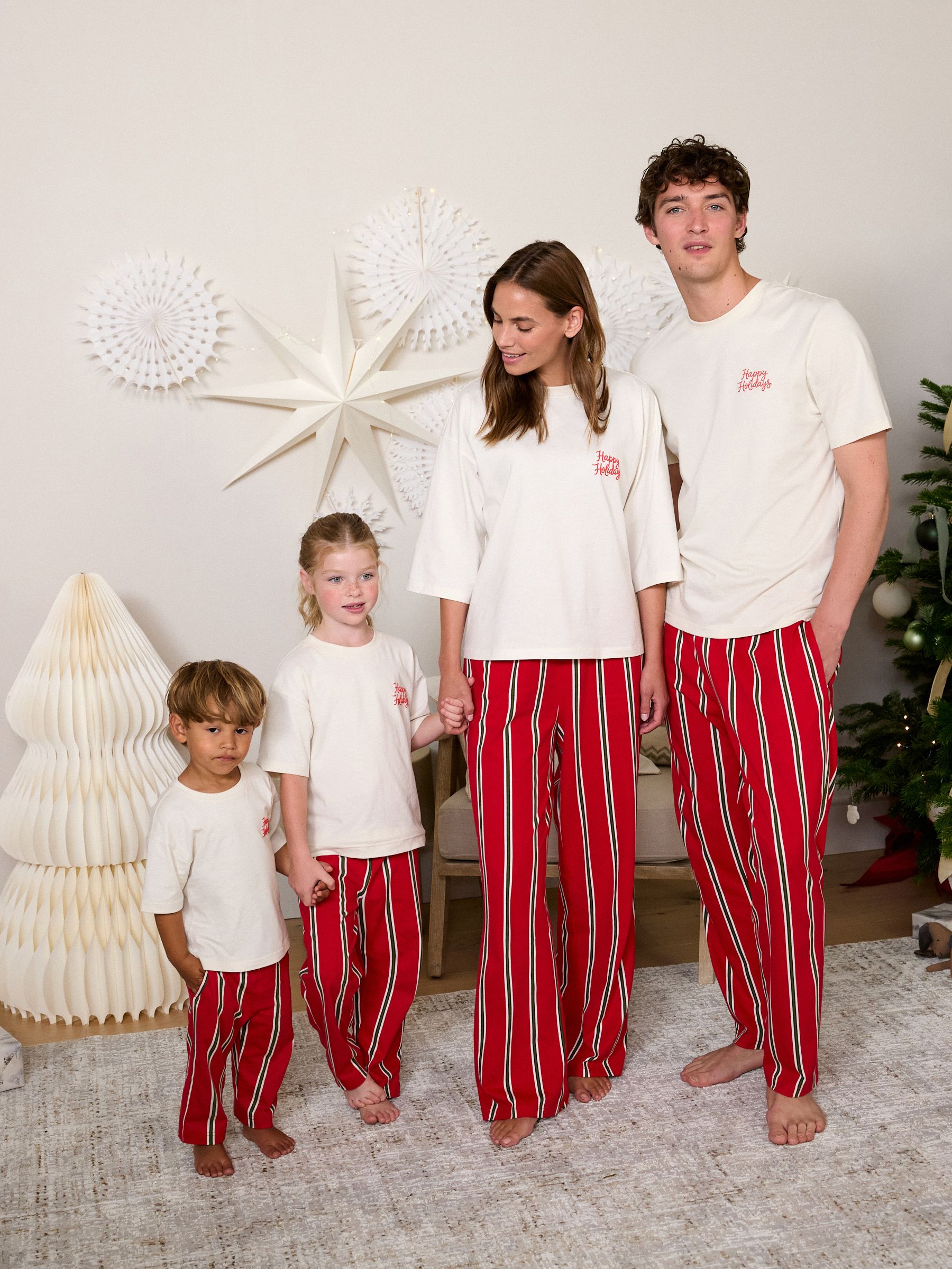 Matching Family Christmas Short Sleeve Pyjamas - Ecru Happy Holidays - Regular - Location Worn