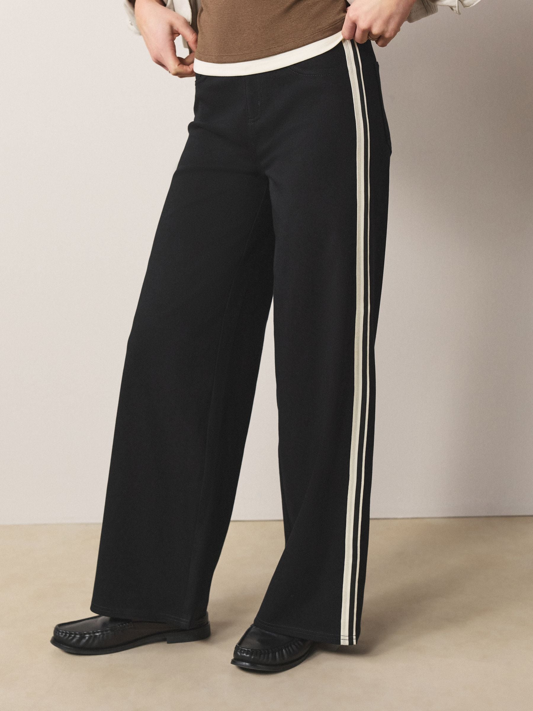 Jersey Denim Wide Leg Trousers - Black Side Stripe - Regular - SIP Worn