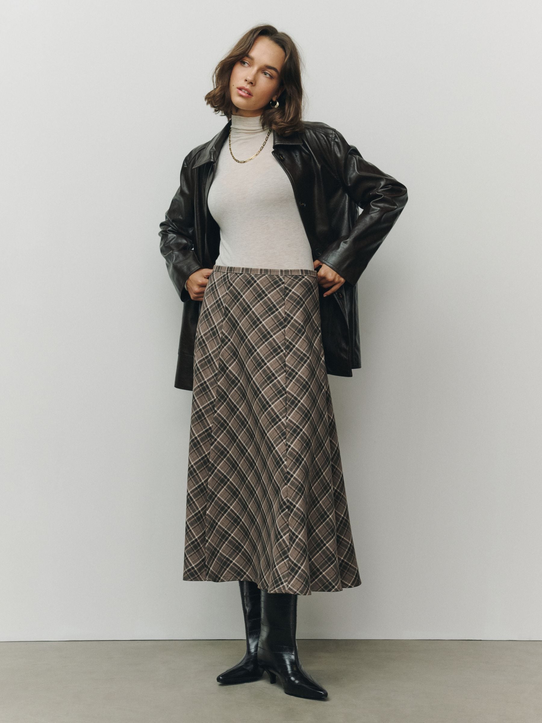 Check Midi Skirt - Mink Brown - Regular - SIP Worn