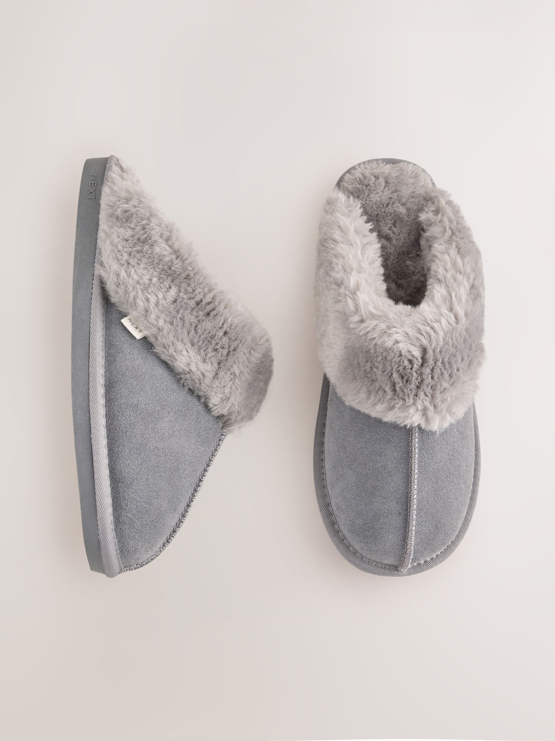 Faux Fur Lined Suede Mule Slippers - Dark Grey - Regular - SIP Still Life