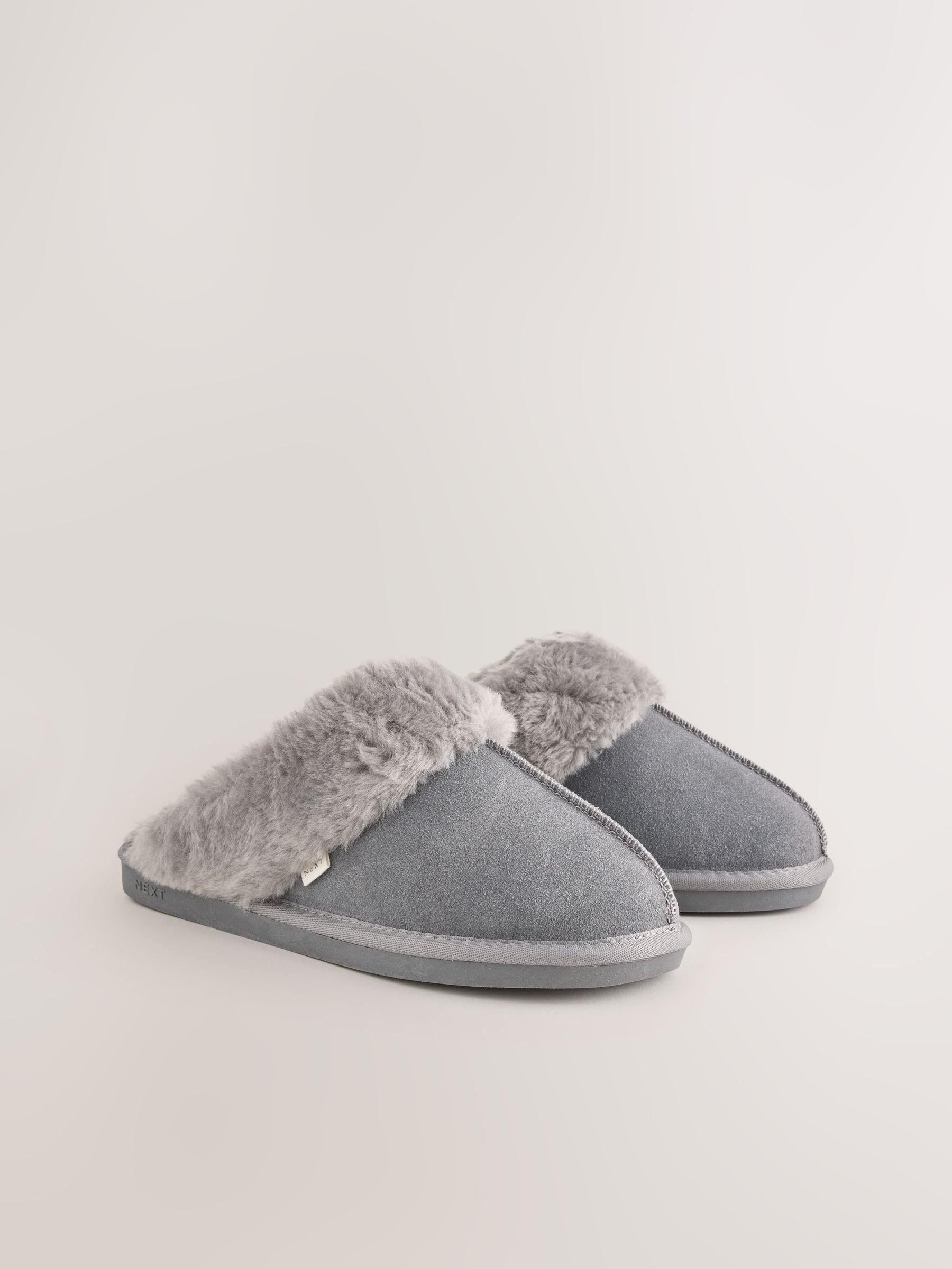 Faux Fur Lined Suede Mule Slippers - Dark Grey - Regular - SIP Still Life