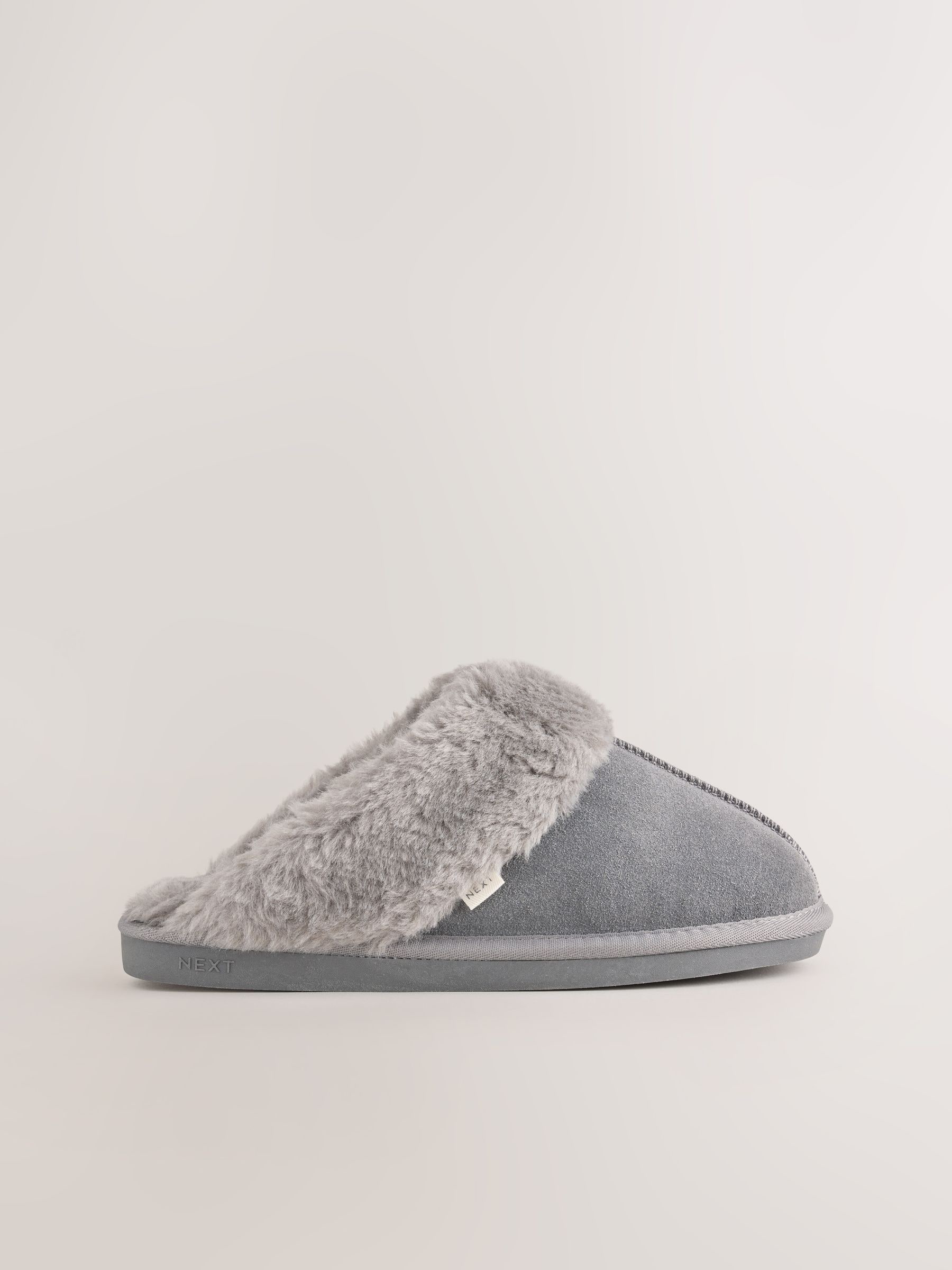 Faux Fur Lined Suede Mule Slippers - Dark Grey - Regular - SIP Still Life