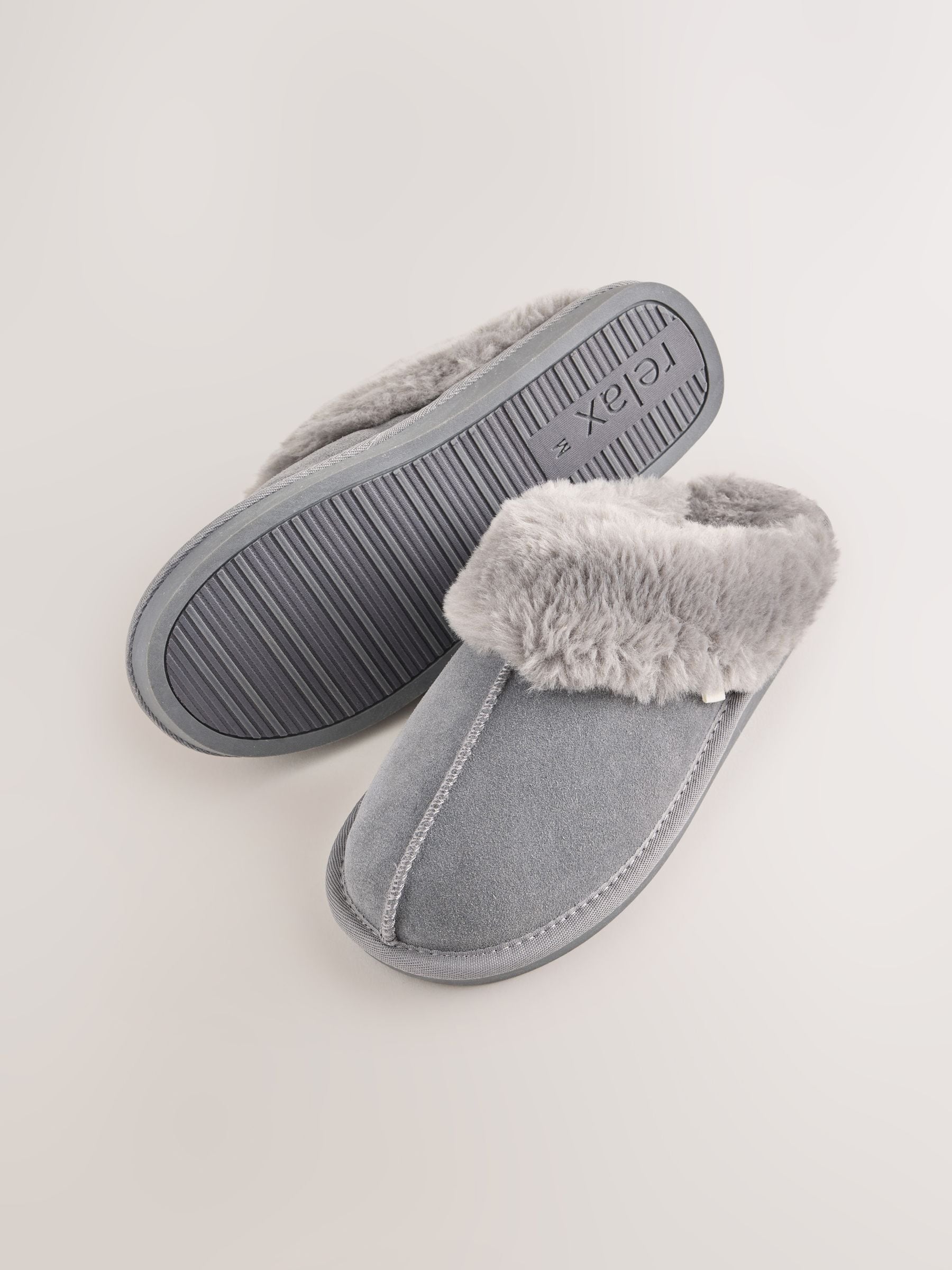 Faux Fur Lined Suede Mule Slippers - Dark Grey - Regular - SIP Still Life
