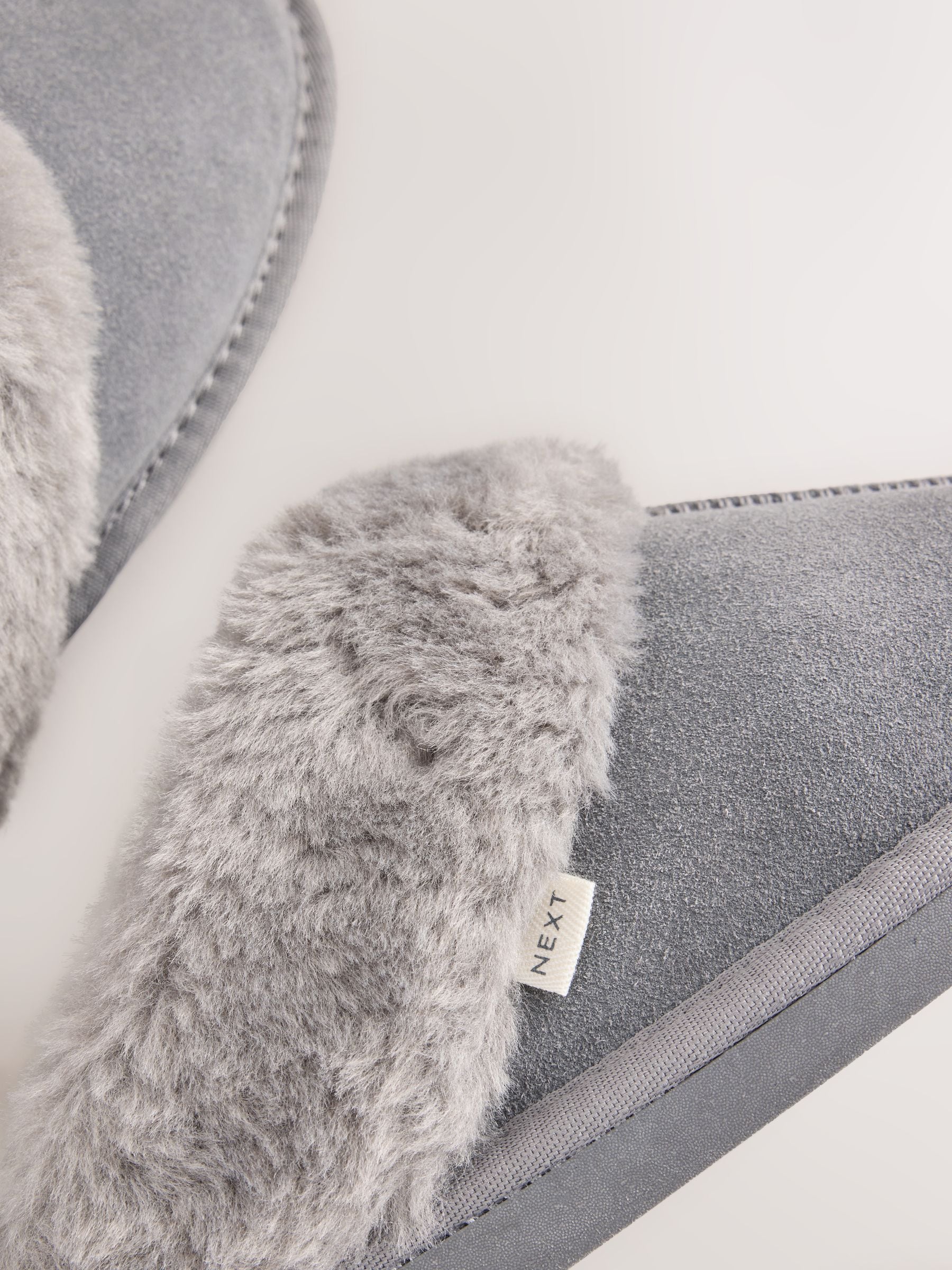 Faux Fur Lined Suede Mule Slippers - Dark Grey - Regular - SIP Still Life