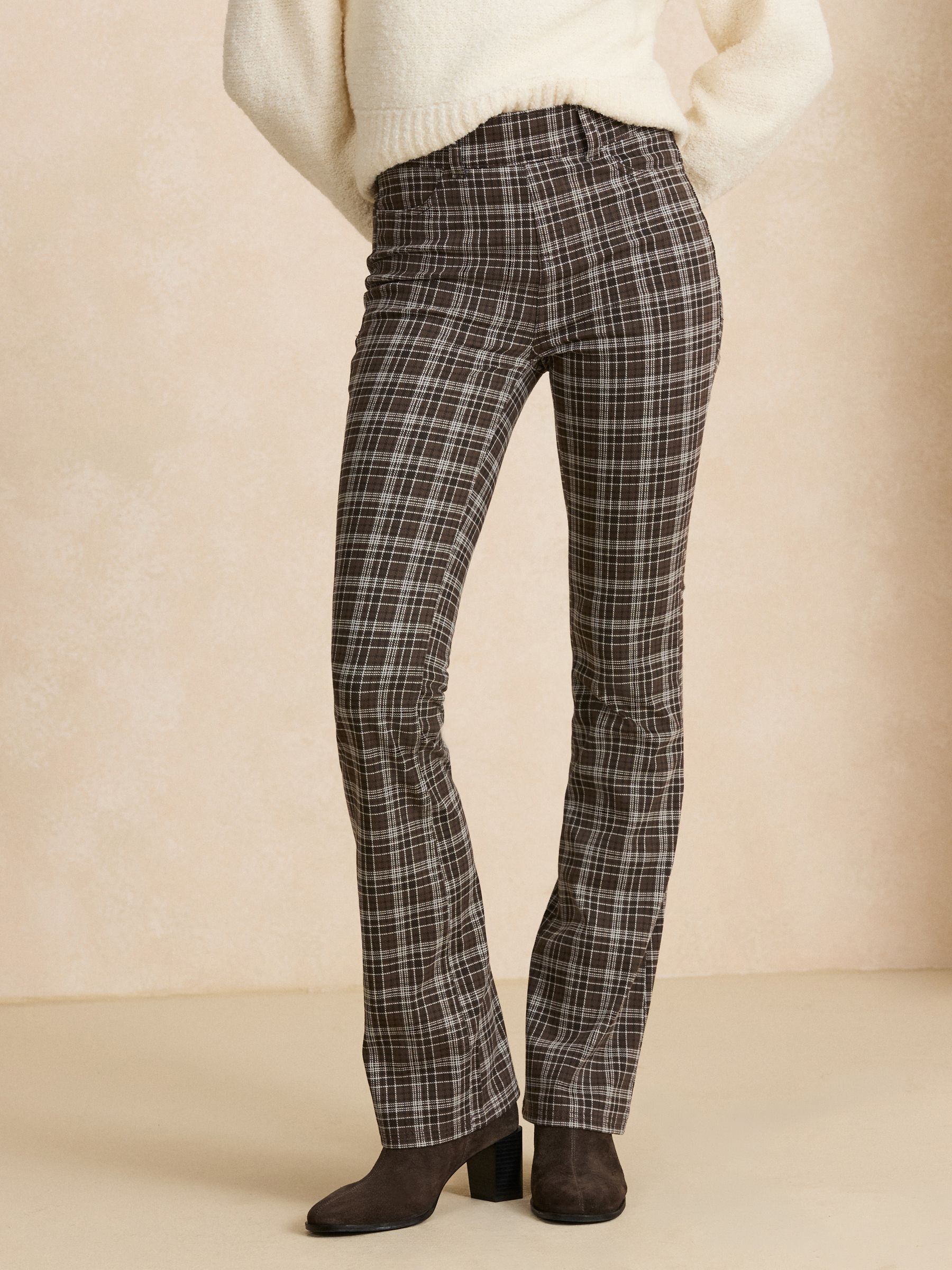 Jersey Bootcut Leggings - Chocolate Brown Check Print - Regular - Location Worn