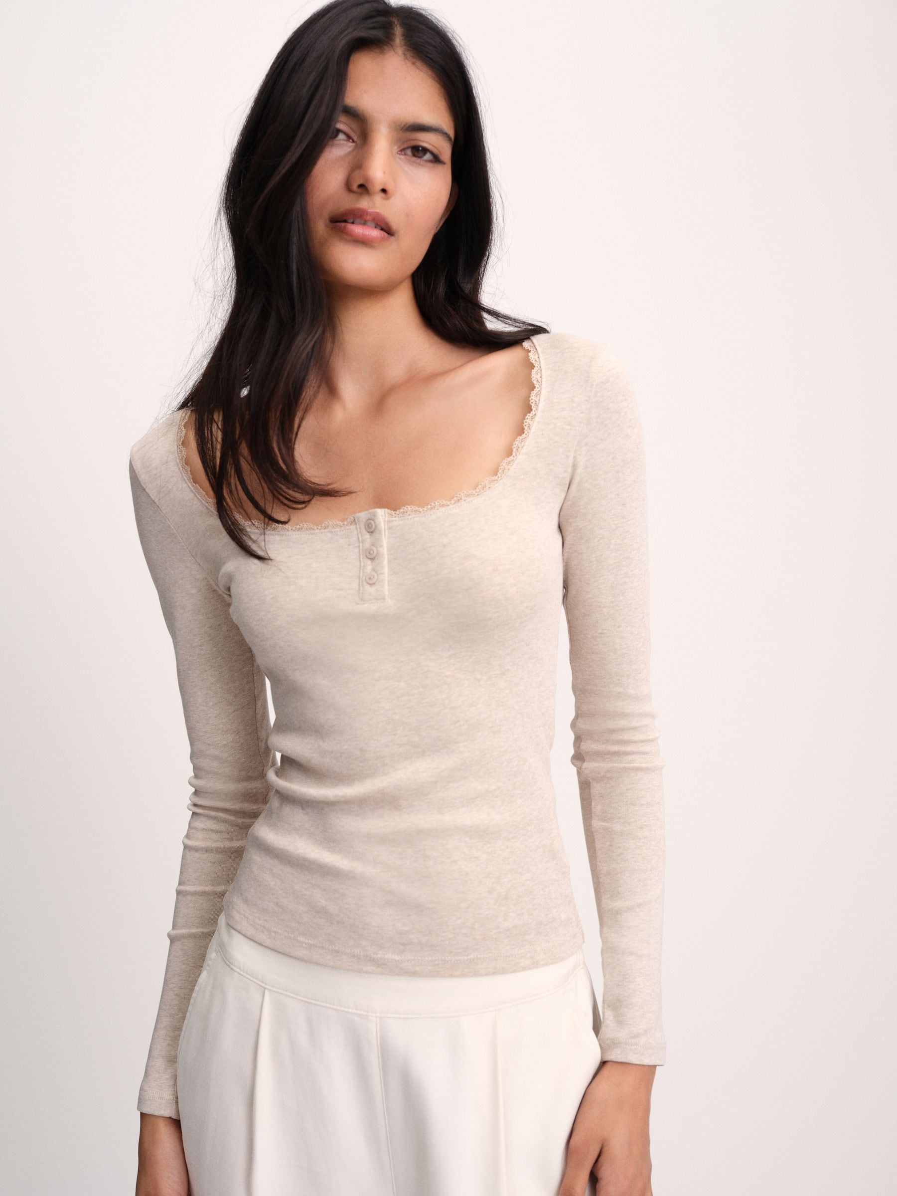 The Set 4 Pack Lace Henley Long Sleeve T-Shirts - Brown/Oat Marl/Neutral/White - Regular - SIP Worn