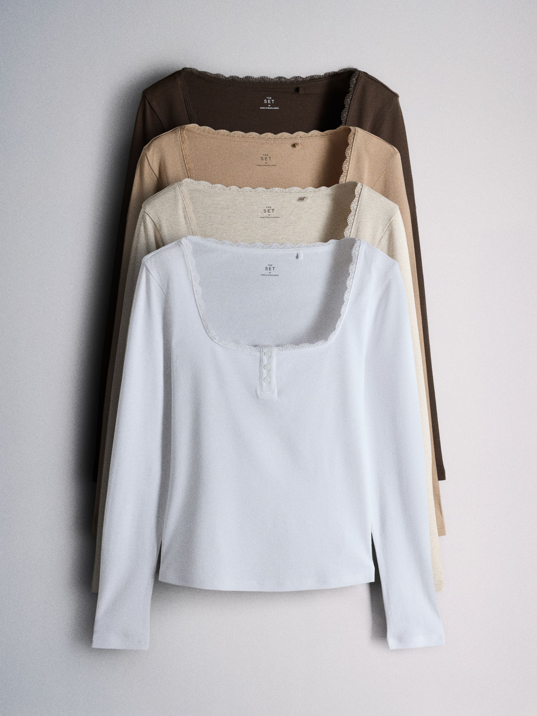 The Set 4 Pack Lace Henley Long Sleeve T-Shirts - Brown/Oat Marl/Neutral/White - Regular - SIP Still Life