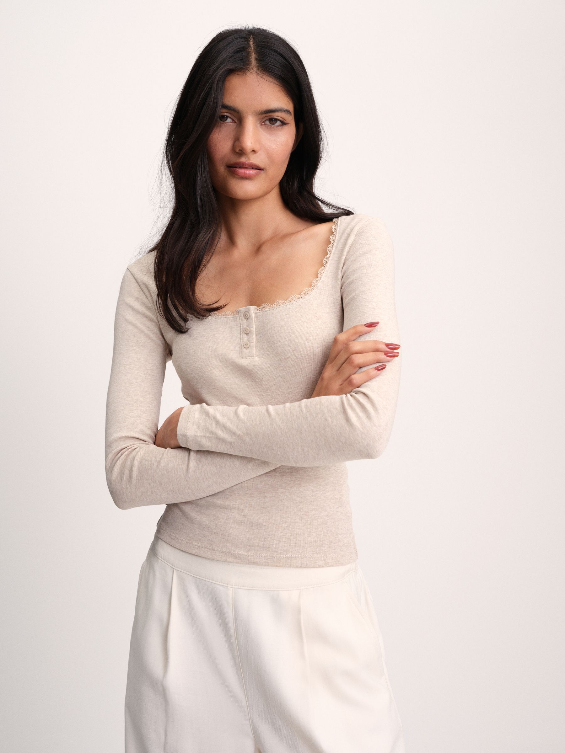 The Set 4 Pack Lace Henley Long Sleeve T-Shirts - Brown/Oat Marl/Neutral/White - Regular - SIP Worn