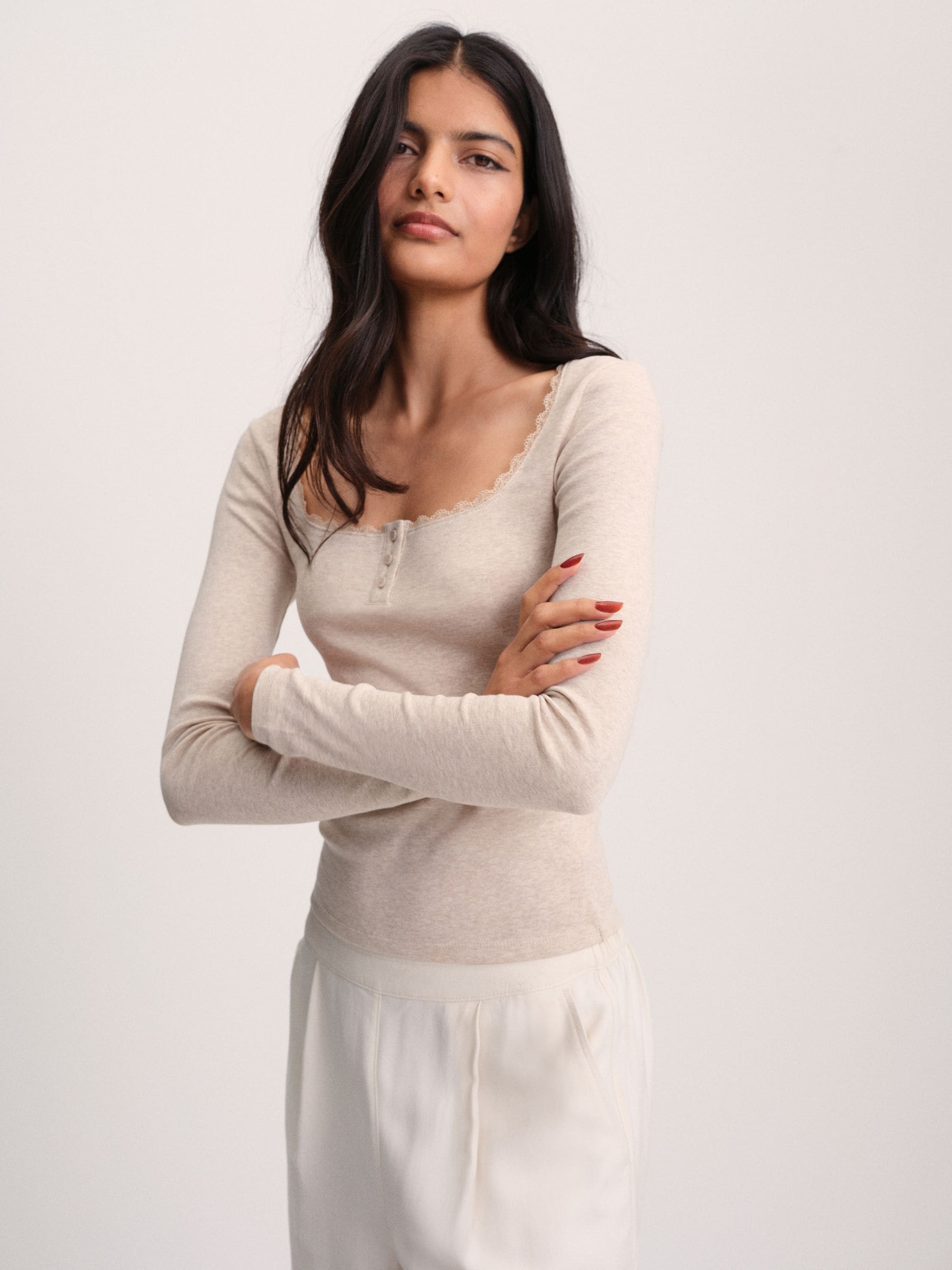 The Set 4 Pack Lace Henley Long Sleeve T-Shirts - Brown/Oat Marl/Neutral/White - Regular - SIP Worn