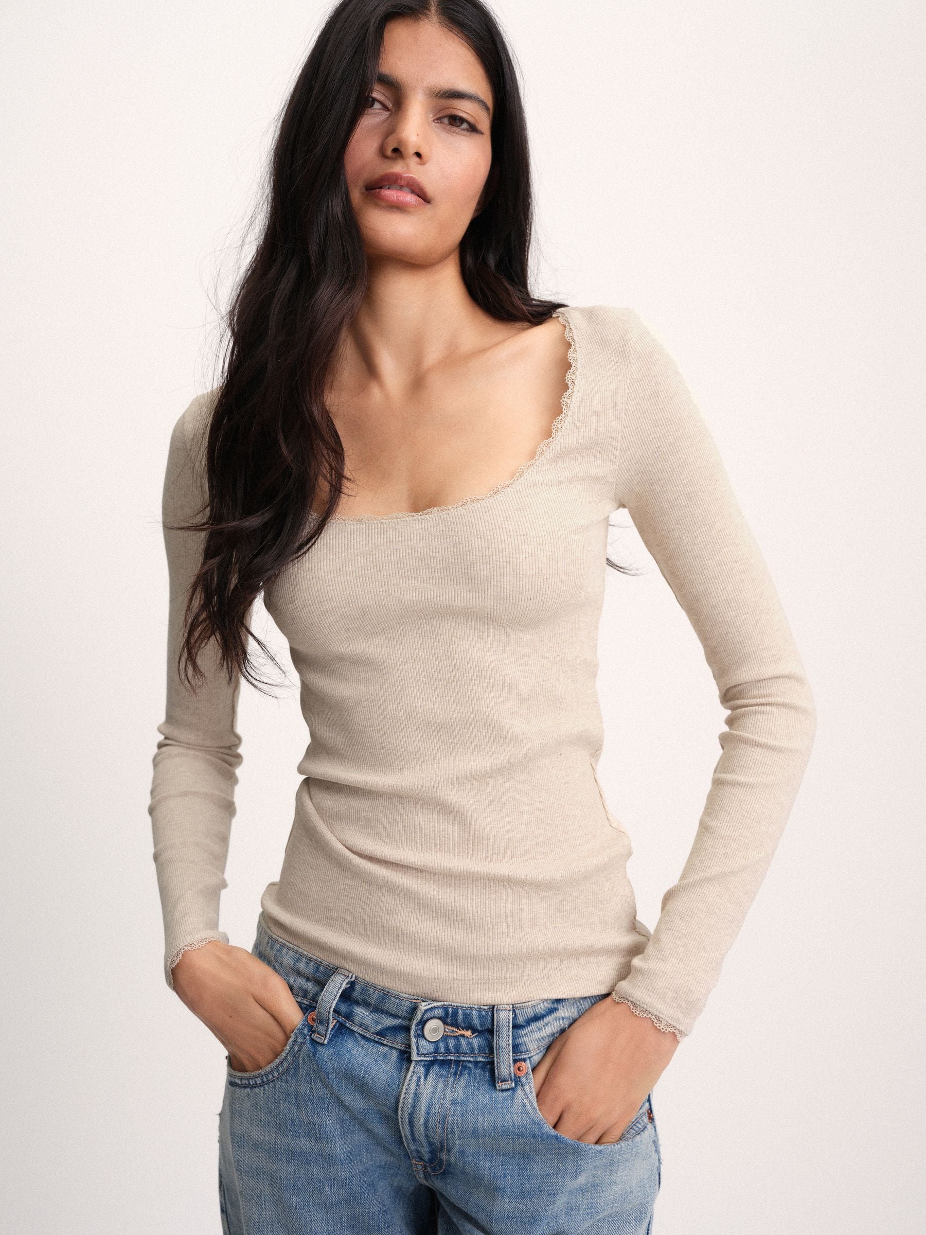 The Set 5 Pack Long Sleeve Ribbed Lace Scoop Tops - Navy/Brown/Tan/White/Oat Marl - Regular - SIP Worn