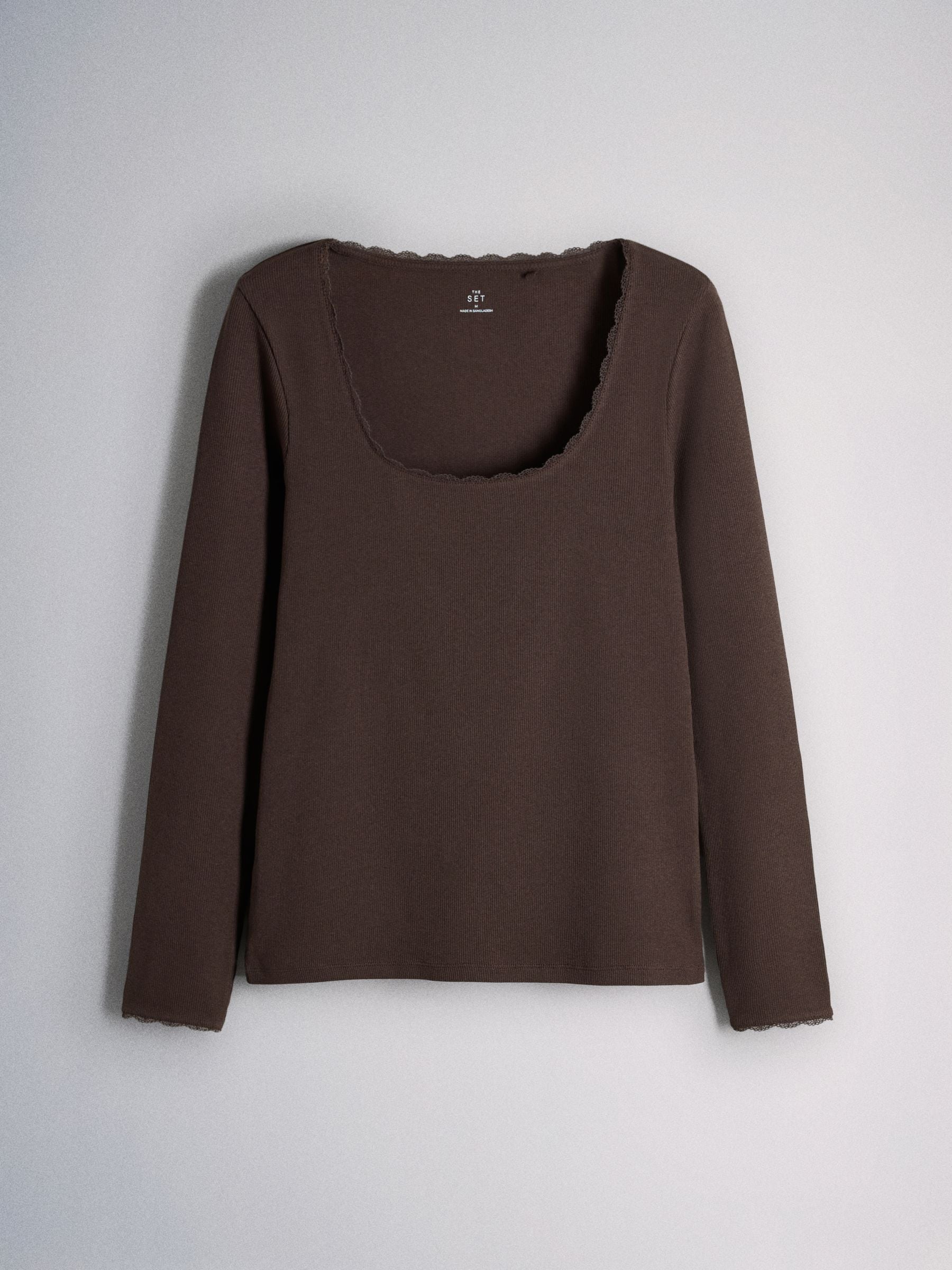 The Set 5 Pack Long Sleeve Ribbed Lace Scoop Tops - Navy/Brown/Tan/White/Oat Marl - Regular - SIP Still Life