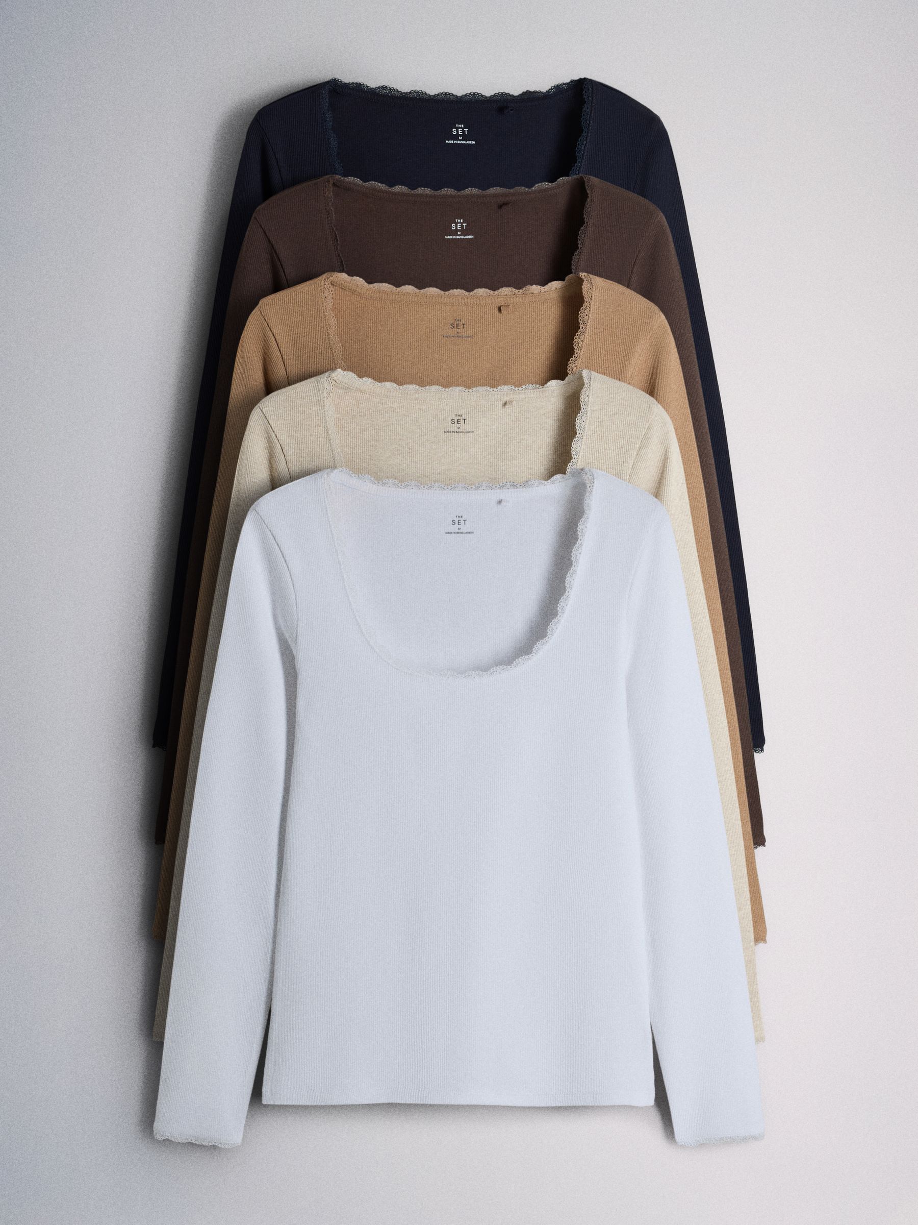 The Set 5 Pack Long Sleeve Ribbed Lace Scoop Tops - Navy/Brown/Tan/White/Oat Marl - Regular - SIP Still Life