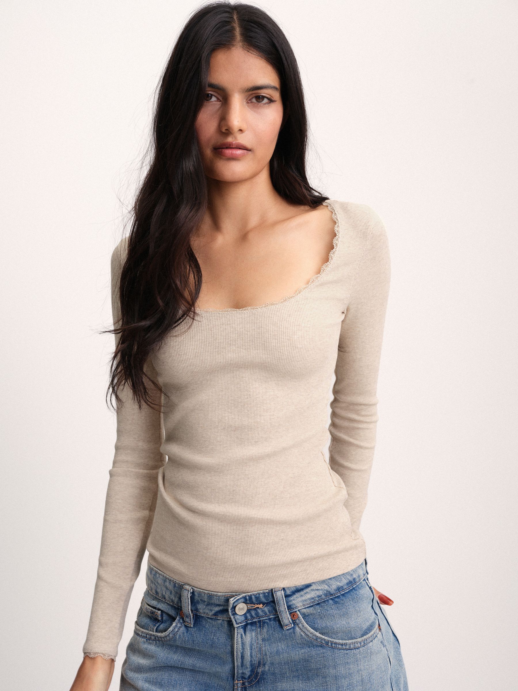 The Set 5 Pack Long Sleeve Ribbed Lace Scoop Tops - Navy/Brown/Tan/White/Oat Marl - Regular - SIP Worn