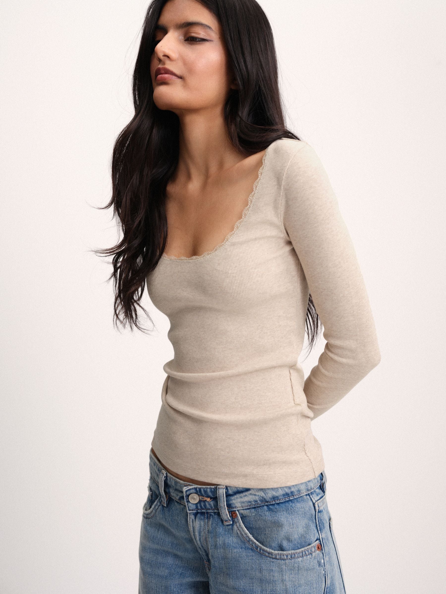 The Set 5 Pack Long Sleeve Ribbed Lace Scoop Tops - Navy/Brown/Tan/White/Oat Marl - Regular - SIP Worn