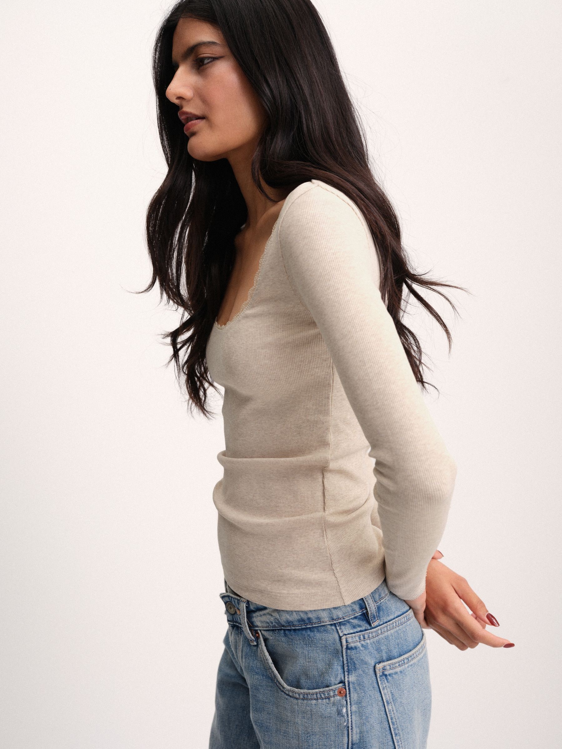 The Set 5 Pack Long Sleeve Ribbed Lace Scoop Tops - Navy/Brown/Tan/White/Oat Marl - Regular - SIP Worn