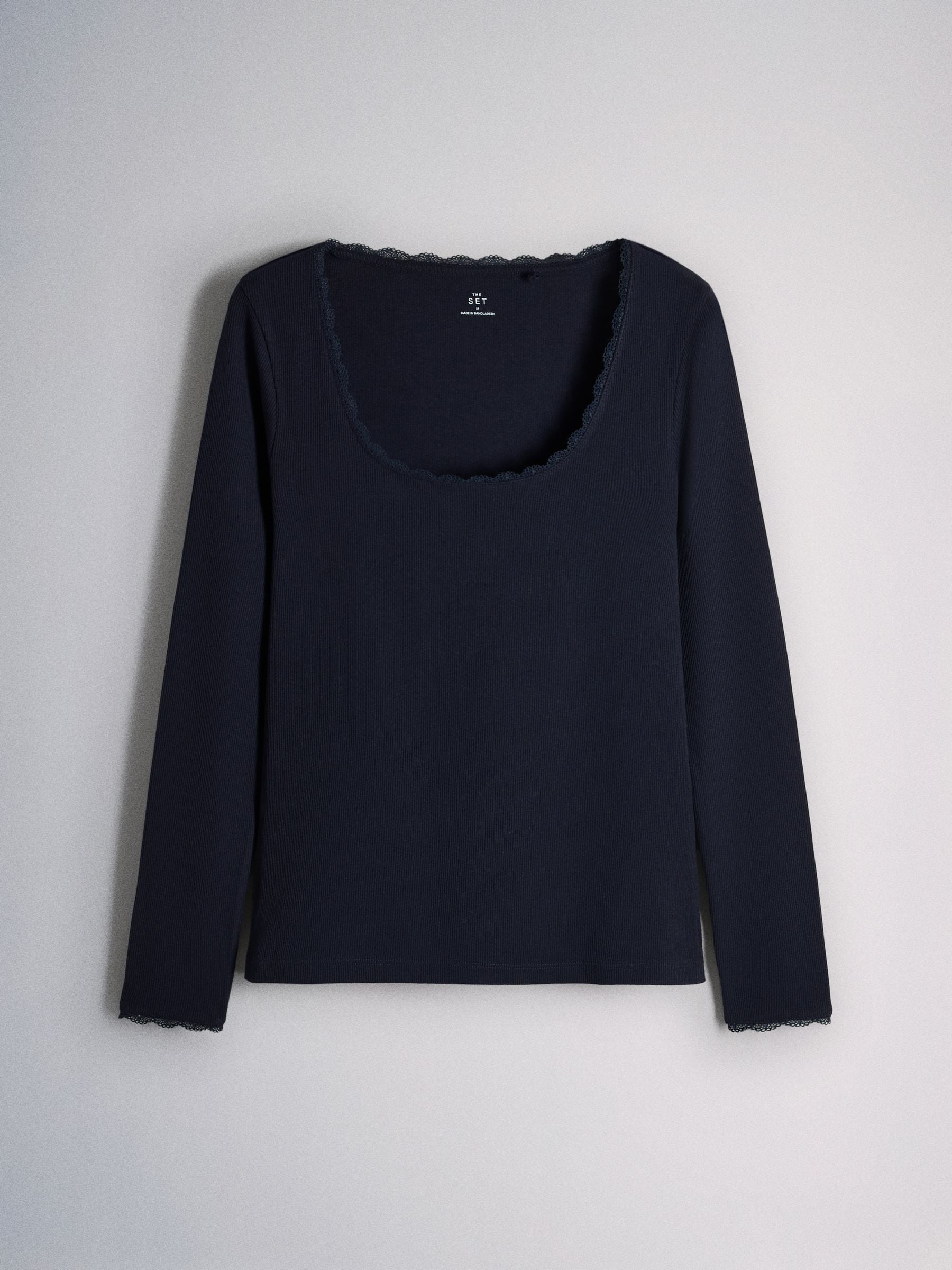 The Set 5 Pack Long Sleeve Ribbed Lace Scoop Tops - Navy/Brown/Tan/White/Oat Marl - Regular - SIP Still Life