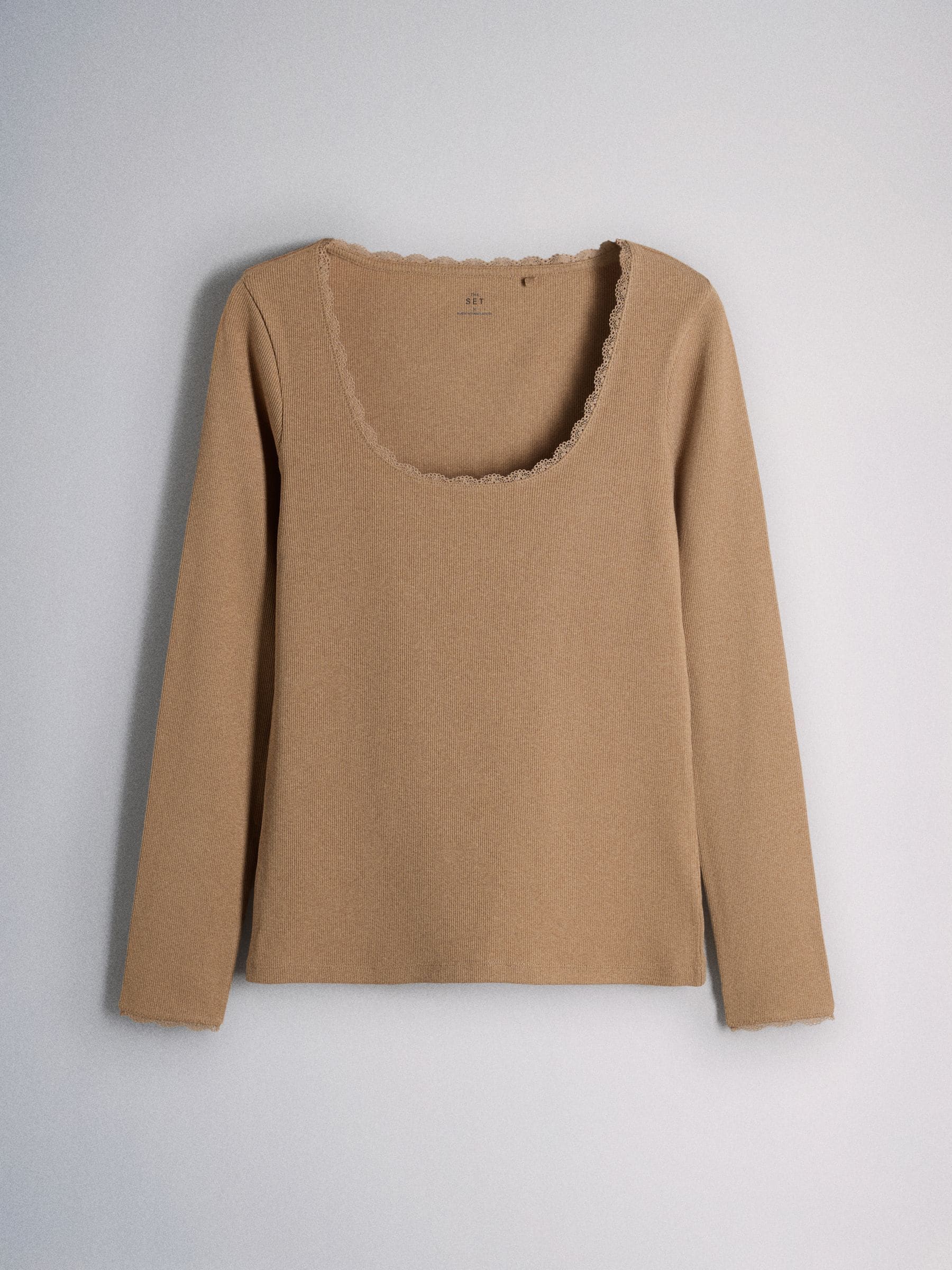 The Set 5 Pack Long Sleeve Ribbed Lace Scoop Tops - Navy/Brown/Tan/White/Oat Marl - Regular - SIP Still Life