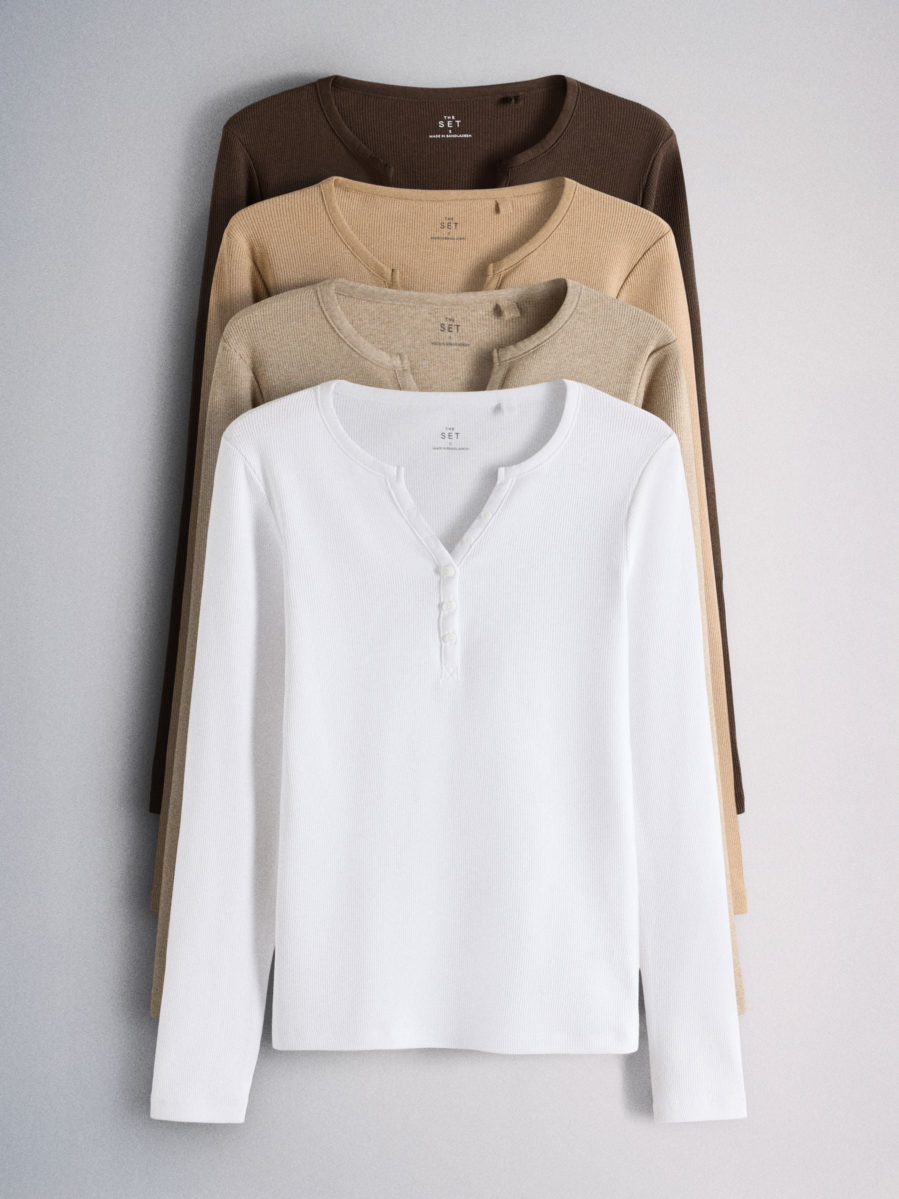 The Set 4 Pack Long Sleeve Button Henley T-Shirts - Brown/Neutral/Oat Marl/White - Regular - SIP Still Life