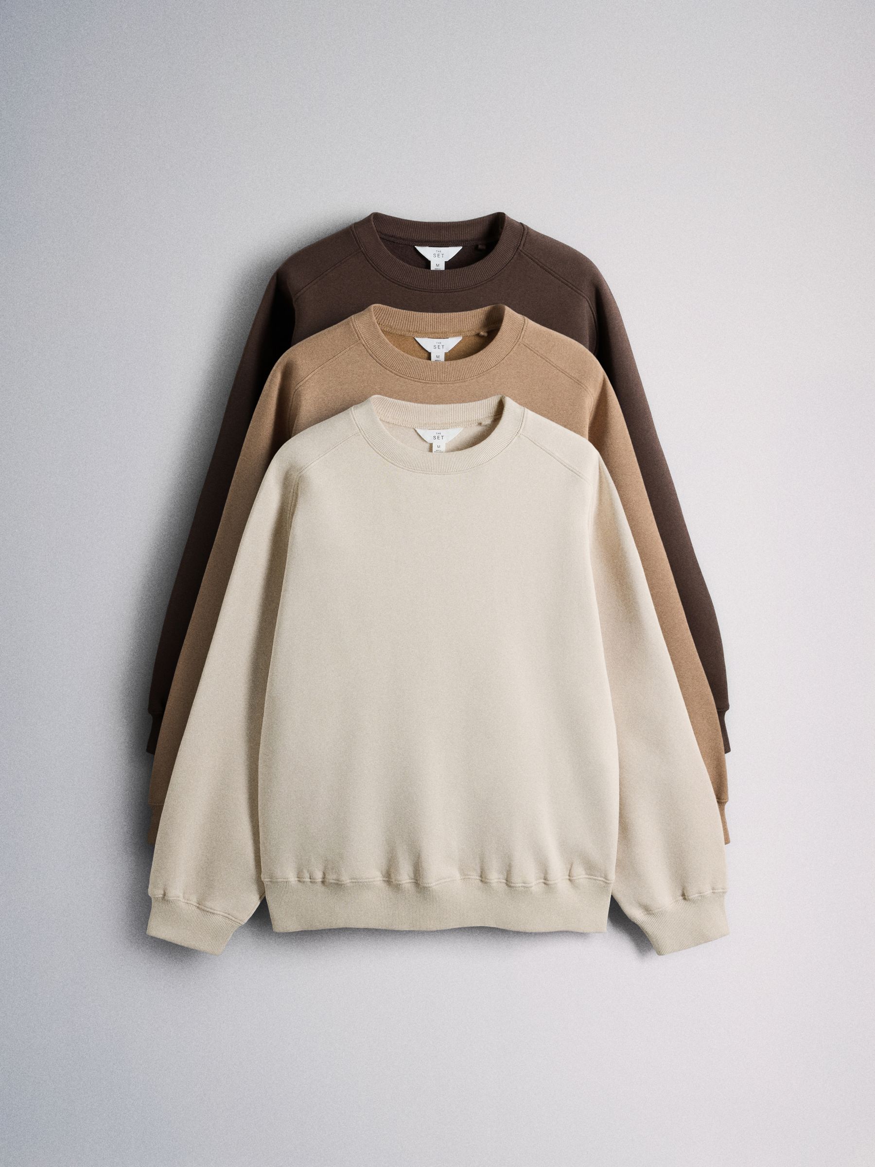 The Set 3 Pack Saddle Sleeve Crew Neck Sweatshirts - Cream/Brown/Chocolate - Regular - SIP Still Life
