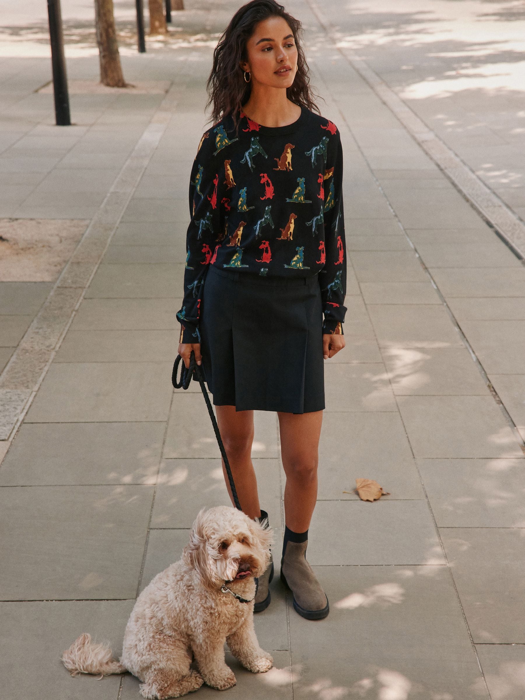 Cotton Rich Soft Touch Long Sleeve Crew Neck Jumper - Rainbow Dog Print - Regular - Location Worn