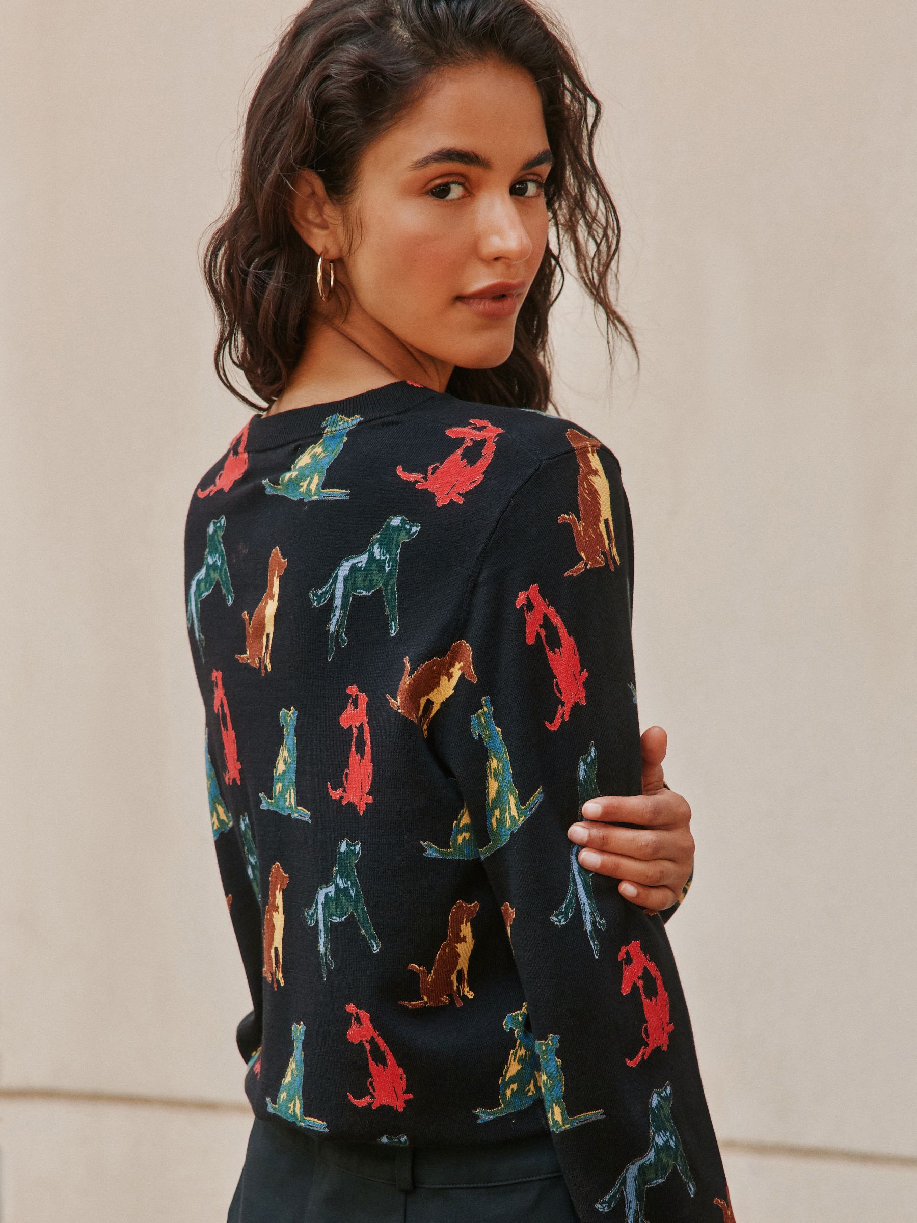 Cotton Rich Soft Touch Long Sleeve Crew Neck Jumper - Rainbow Dog Print - Regular - Location Worn