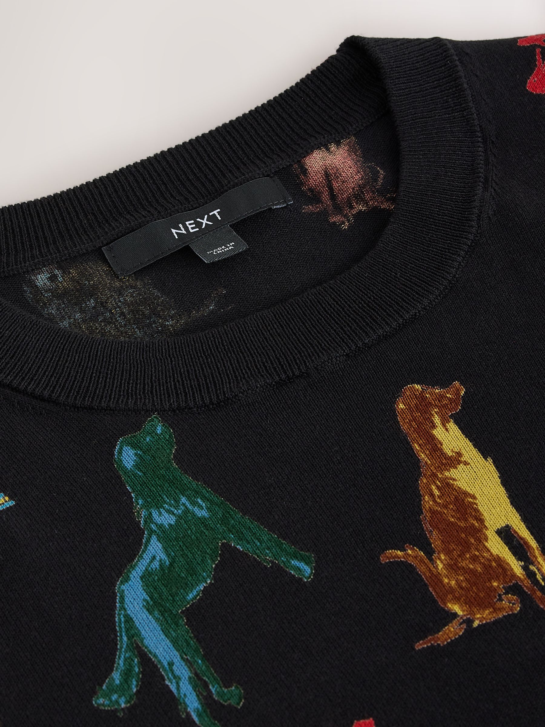 Cotton Rich Soft Touch Long Sleeve Crew Neck Jumper - Rainbow Dog Print - Regular - SIP Still Life