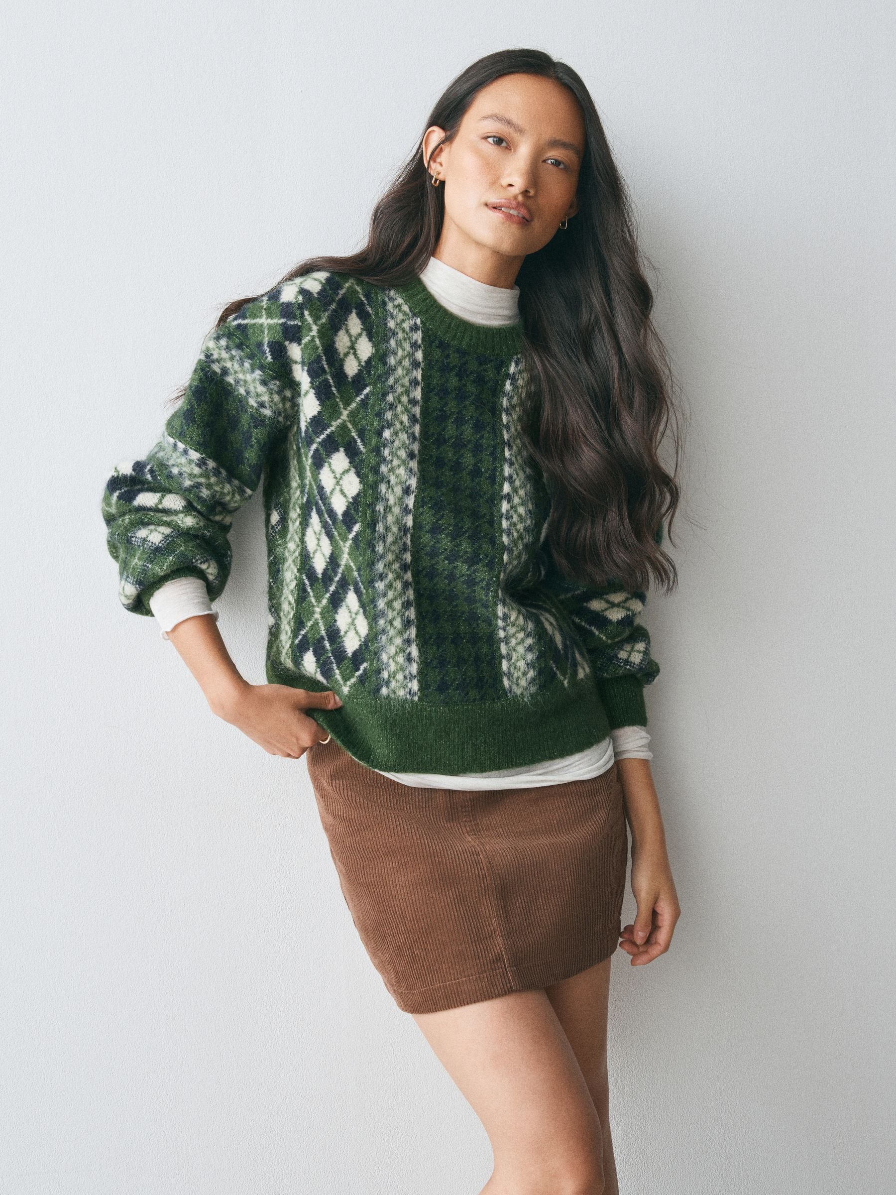 Long Sleeve Crew Neck Knitted Jumper With Wool - Green Argyle - Regular - SIP Worn