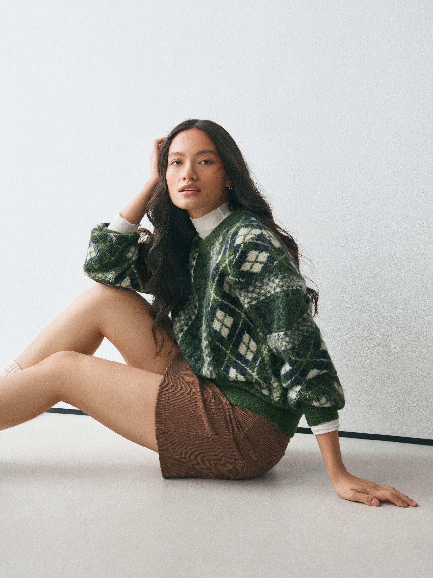 Long Sleeve Crew Neck Knitted Jumper With Wool - Green Argyle - Regular - SIP Worn