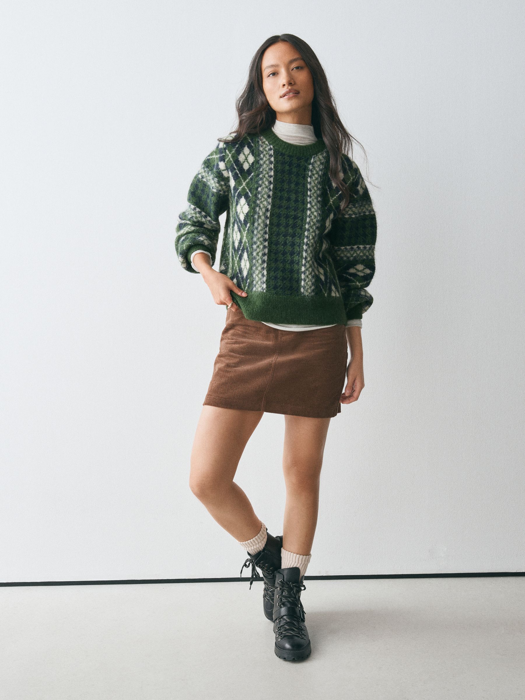 Long Sleeve Crew Neck Knitted Jumper With Wool - Green Argyle - Regular - SIP Worn