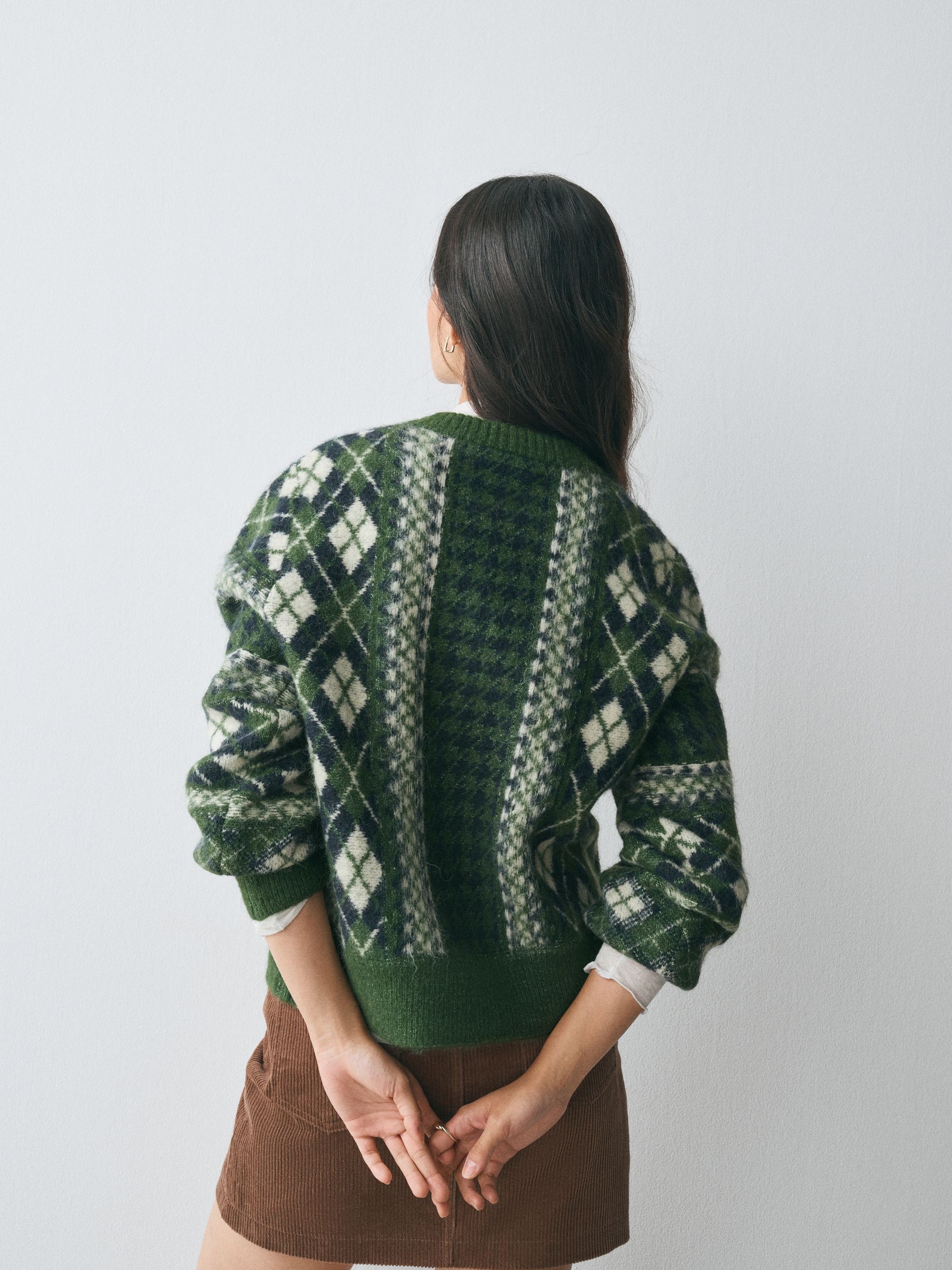 Long Sleeve Crew Neck Knitted Jumper With Wool - Green Argyle - Regular - SIP Worn