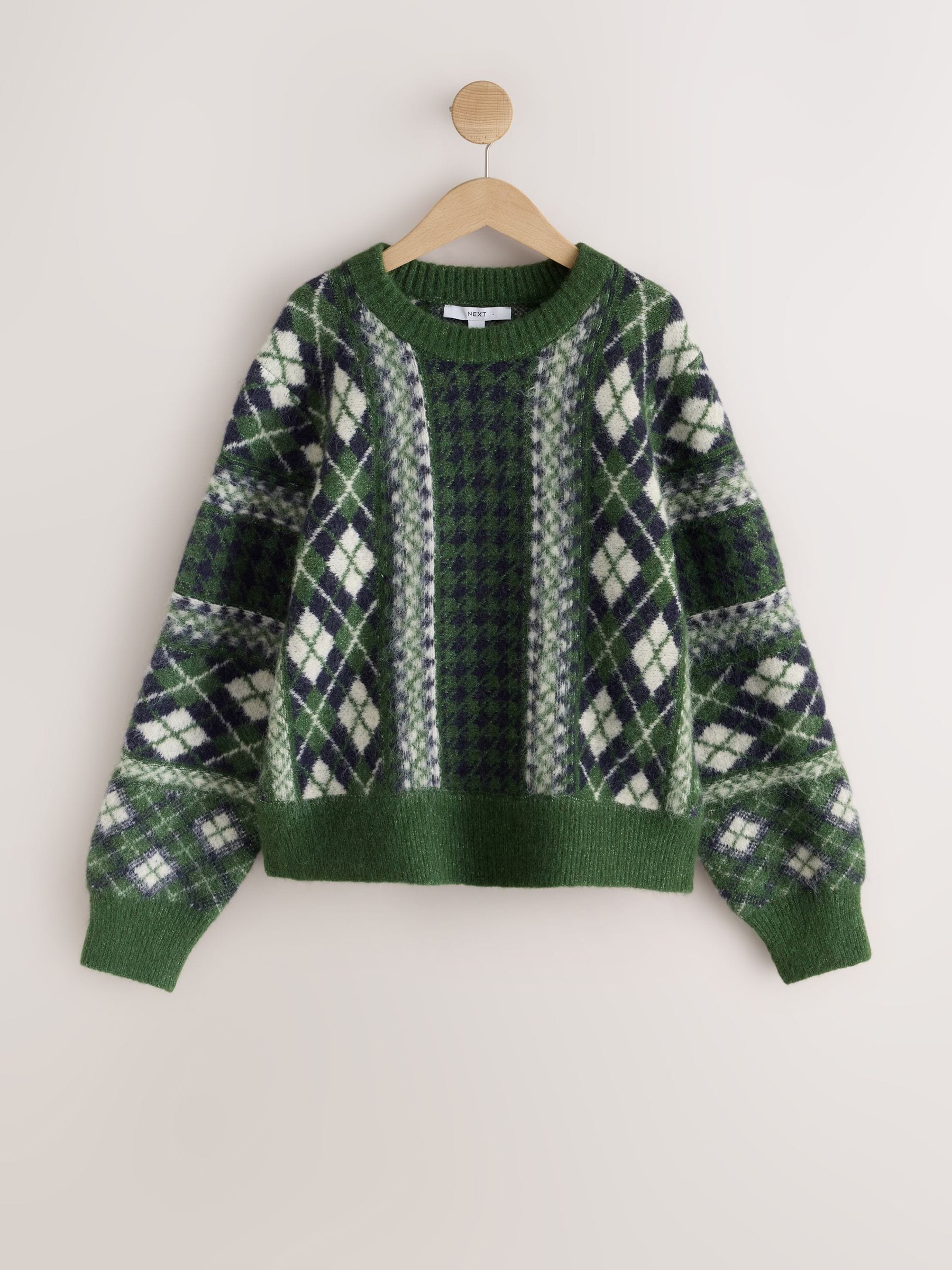 Long Sleeve Crew Neck Knitted Jumper With Wool - Green Argyle - Regular - SIP Still Life
