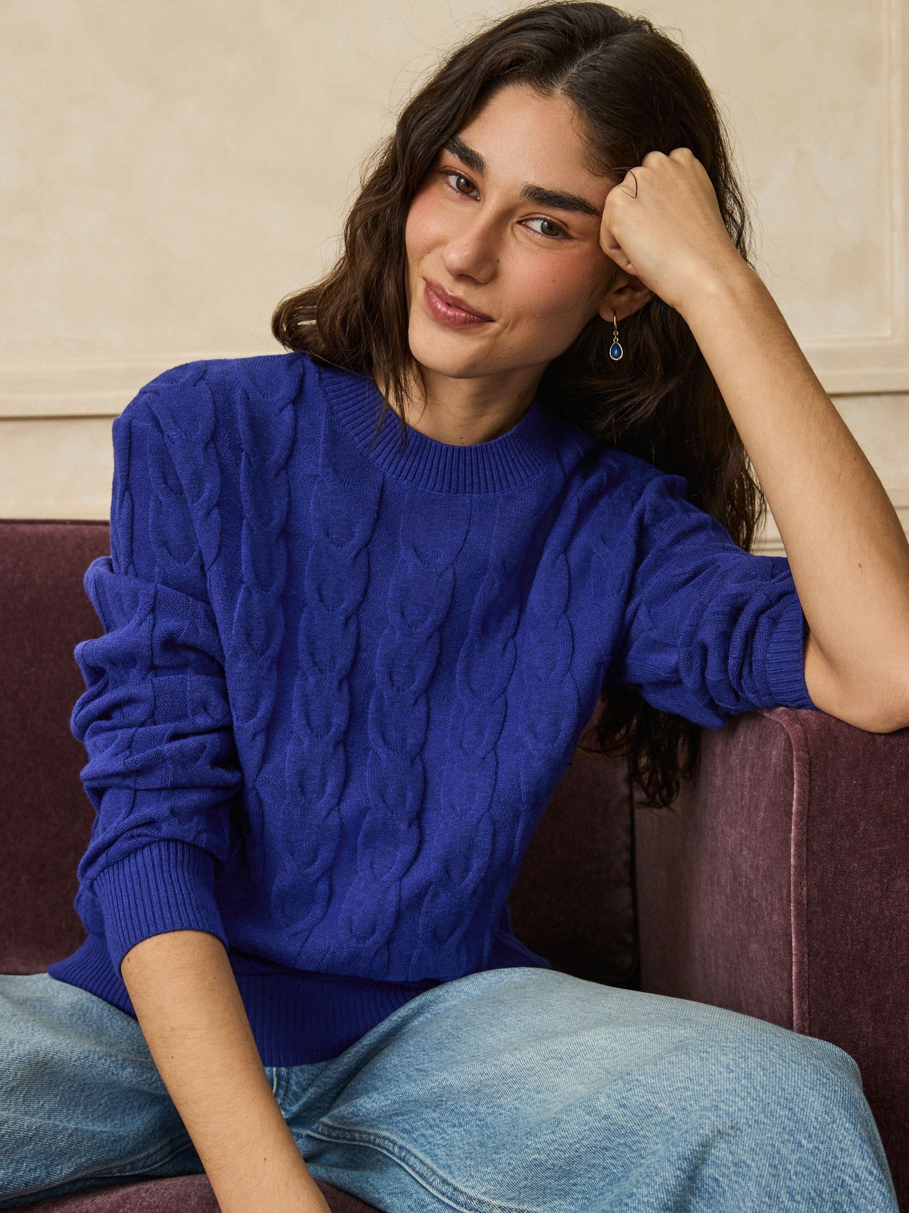 Knit Look Cable Crew Neck Jumper - Cobalt Blue - Regular - Location Worn