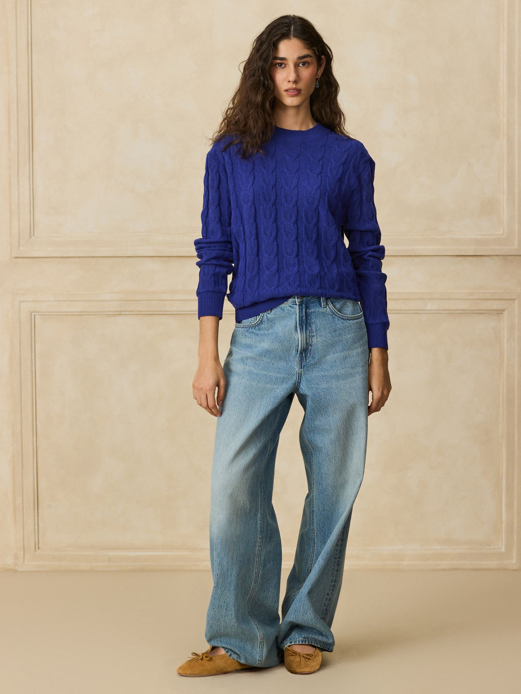Knit Look Cable Crew Neck Jumper - Cobalt Blue - Regular - Location Worn