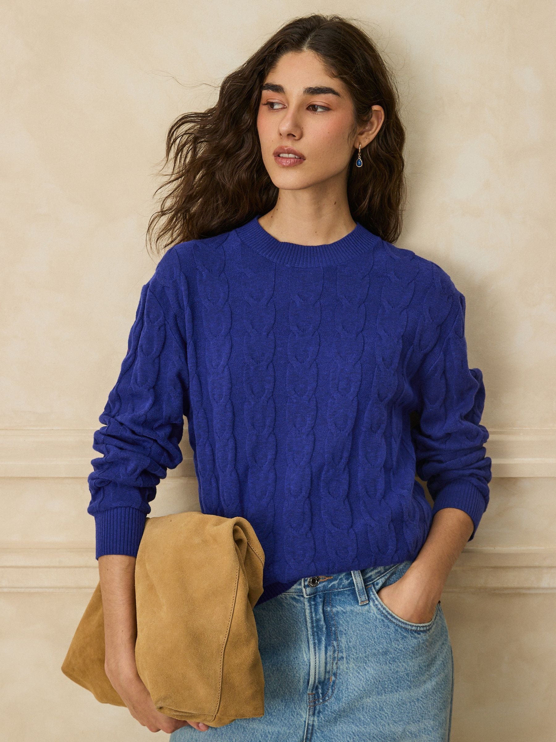 Knit Look Cable Crew Neck Jumper - Cobalt Blue - Regular - Location Worn