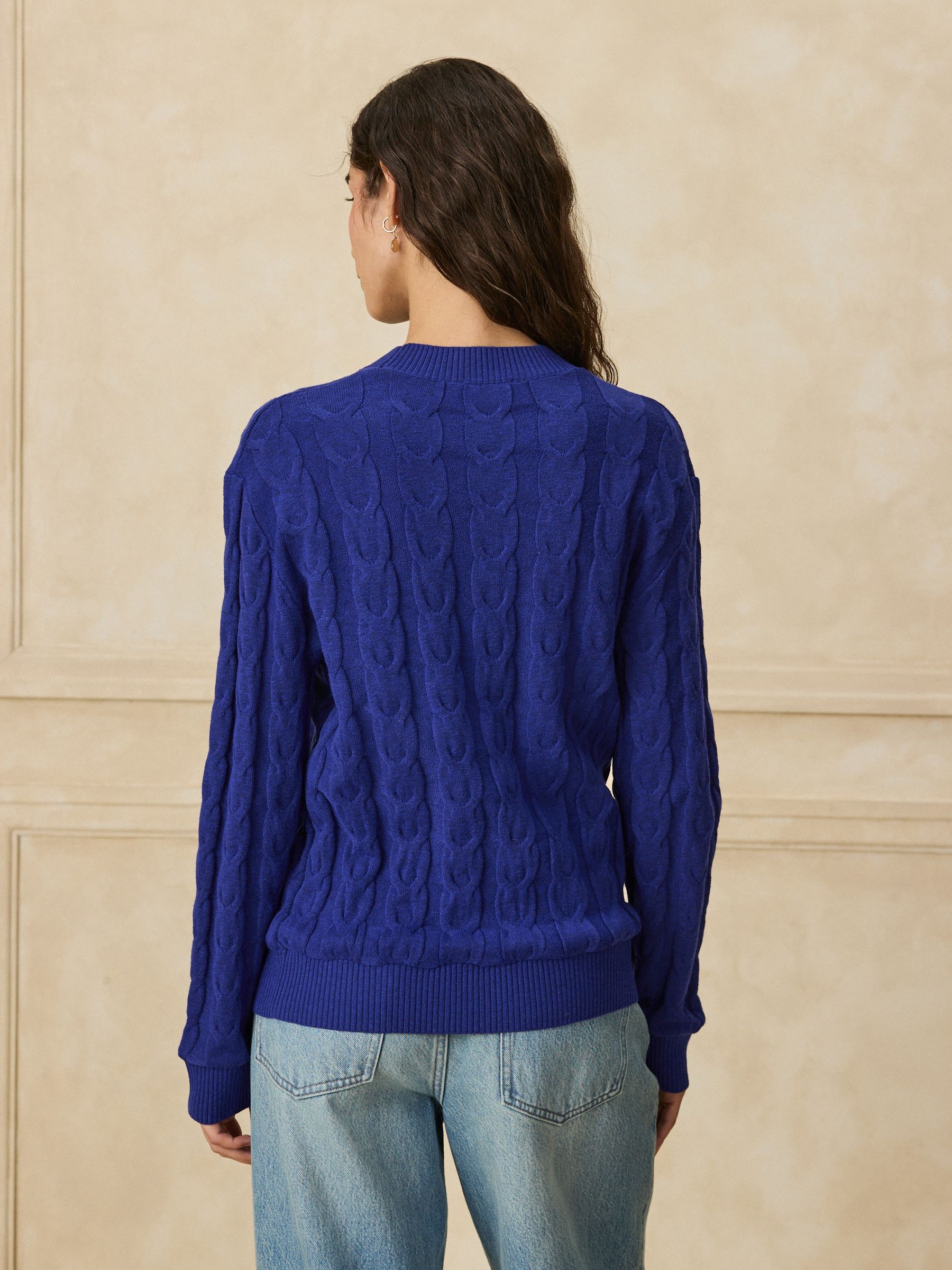 Knit Look Cable Crew Neck Jumper - Cobalt Blue - Regular - Location Worn
