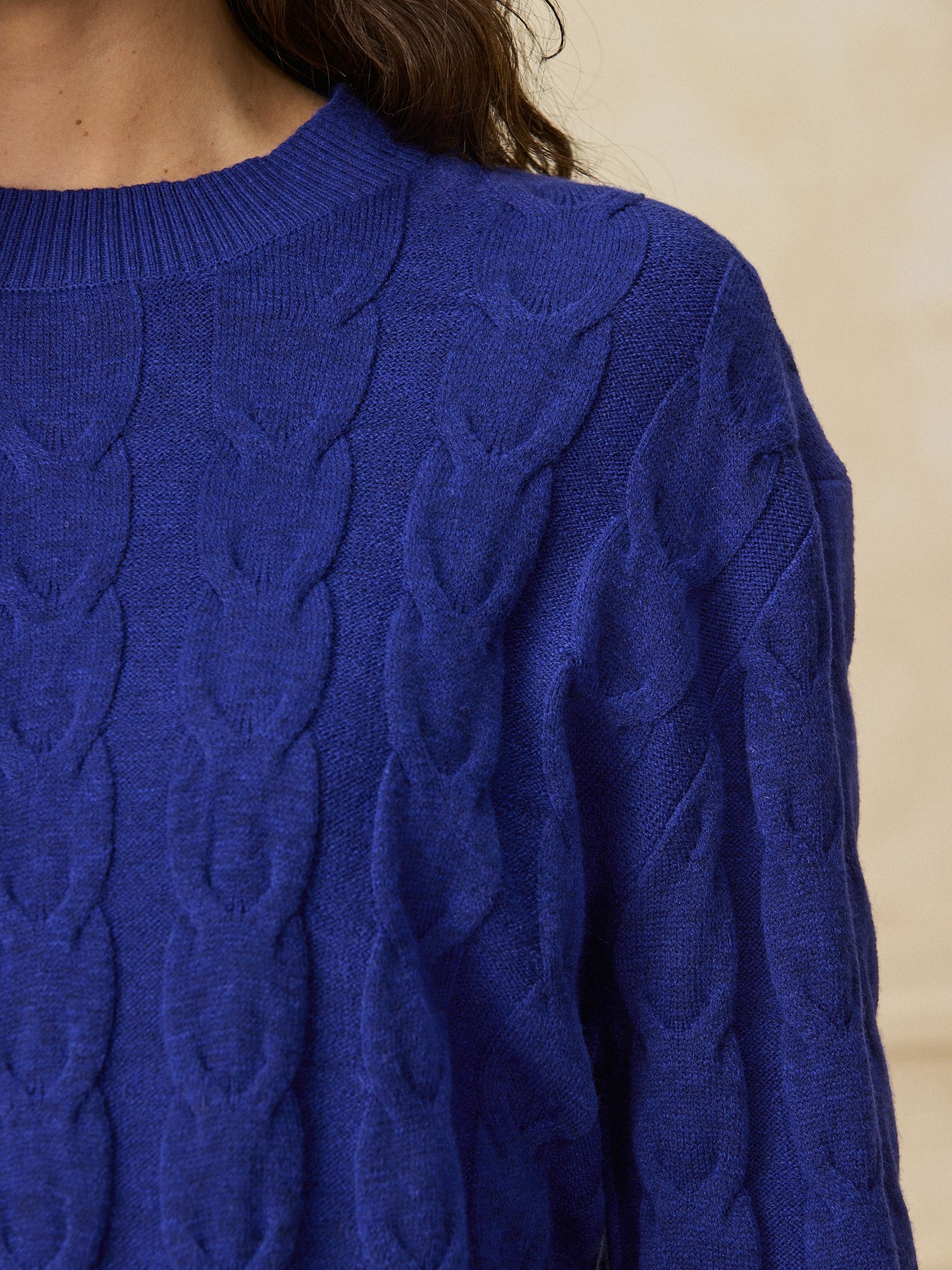 Knit Look Cable Crew Neck Jumper - Cobalt Blue - Regular - Location Worn