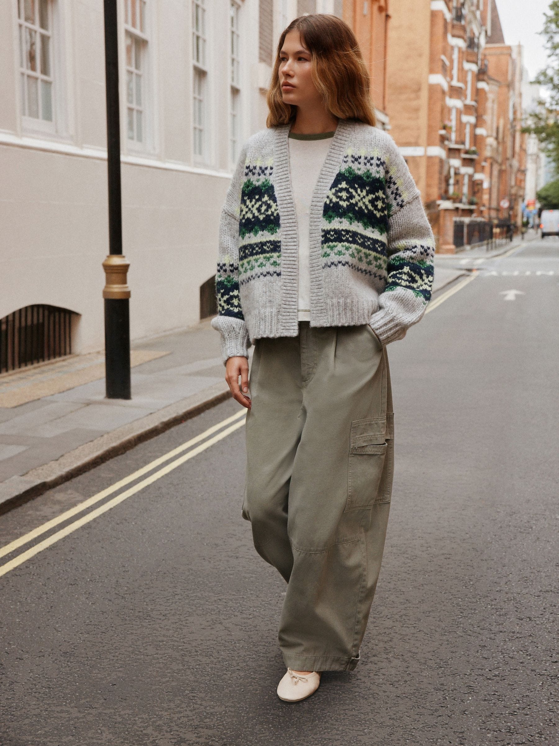 Soft Touch Chunky Knit Open Cardigan - Grey Fairisle - Regular - Location Worn