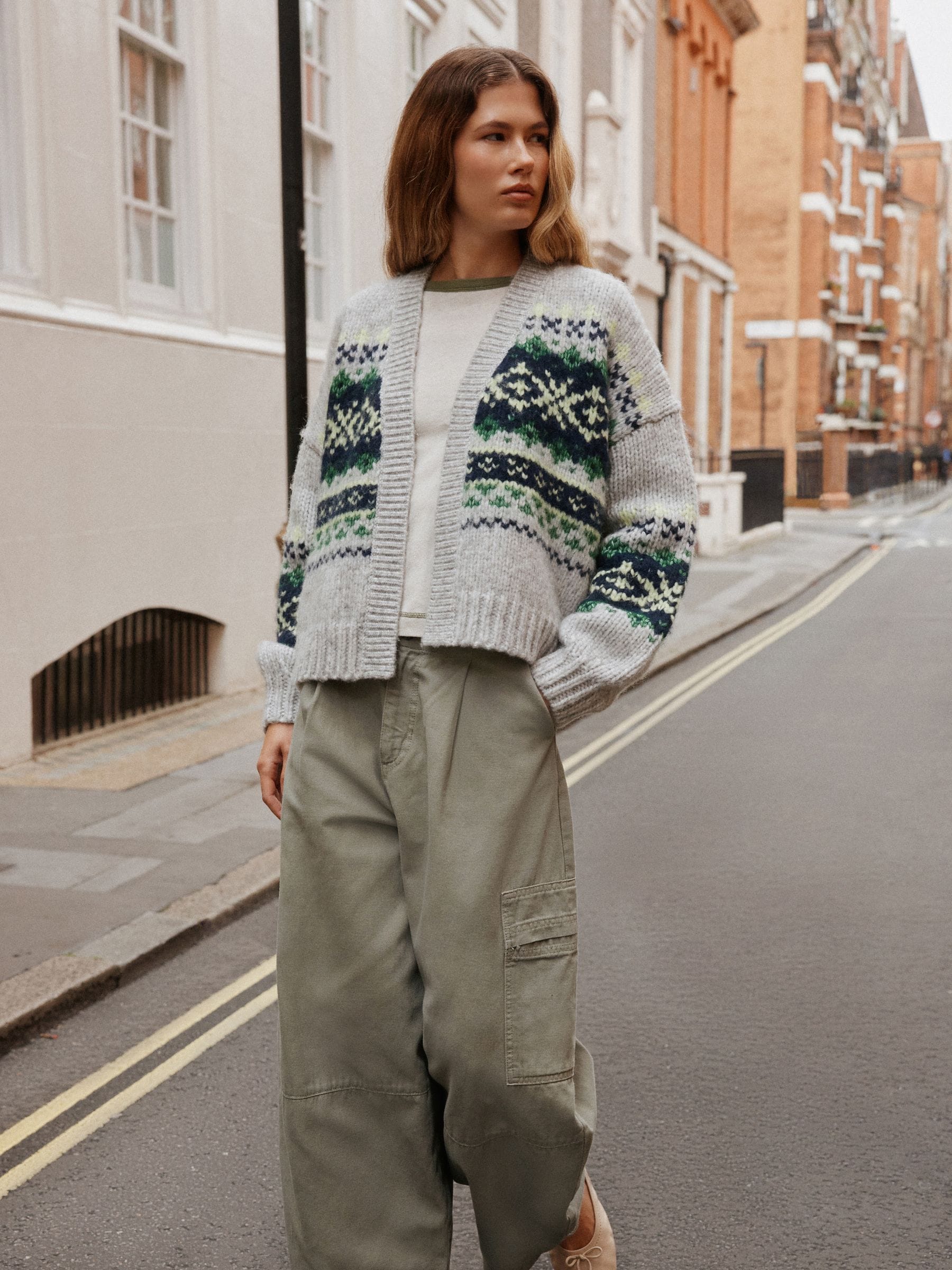 Soft Touch Chunky Knit Open Cardigan - Grey Fairisle - Regular - Location Worn