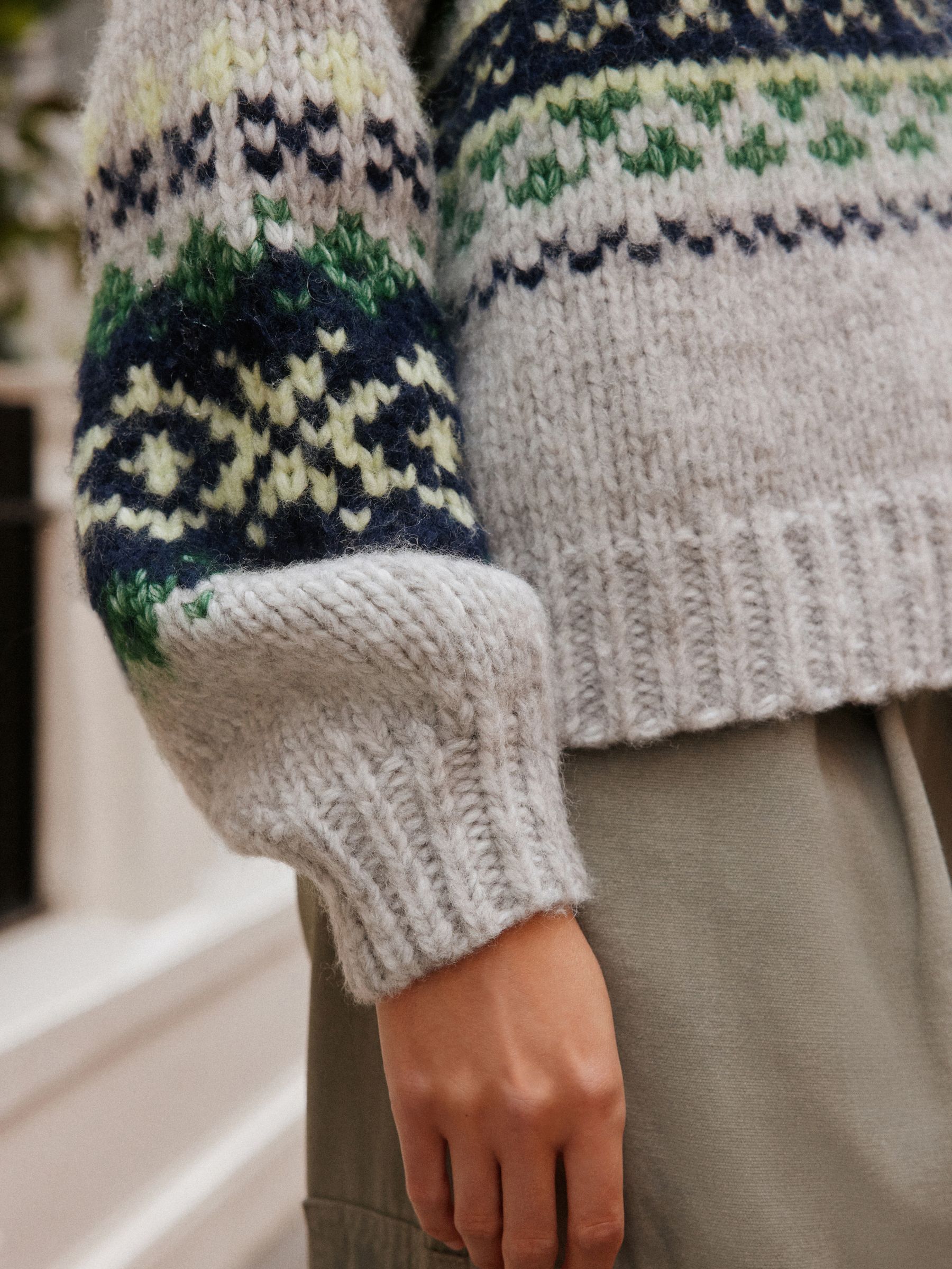 Soft Touch Chunky Knit Open Cardigan - Grey Fairisle - Regular - Location Worn