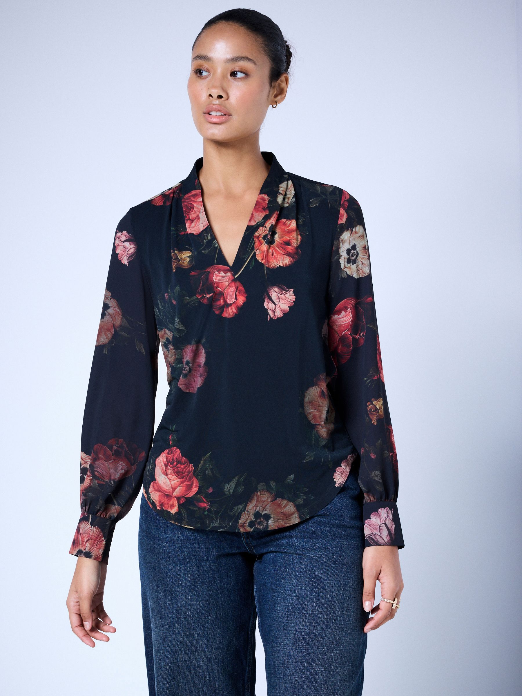 Long Sleeve V-Neck Cuff Top - Black/Red Floral Print - Petite - Location Worn