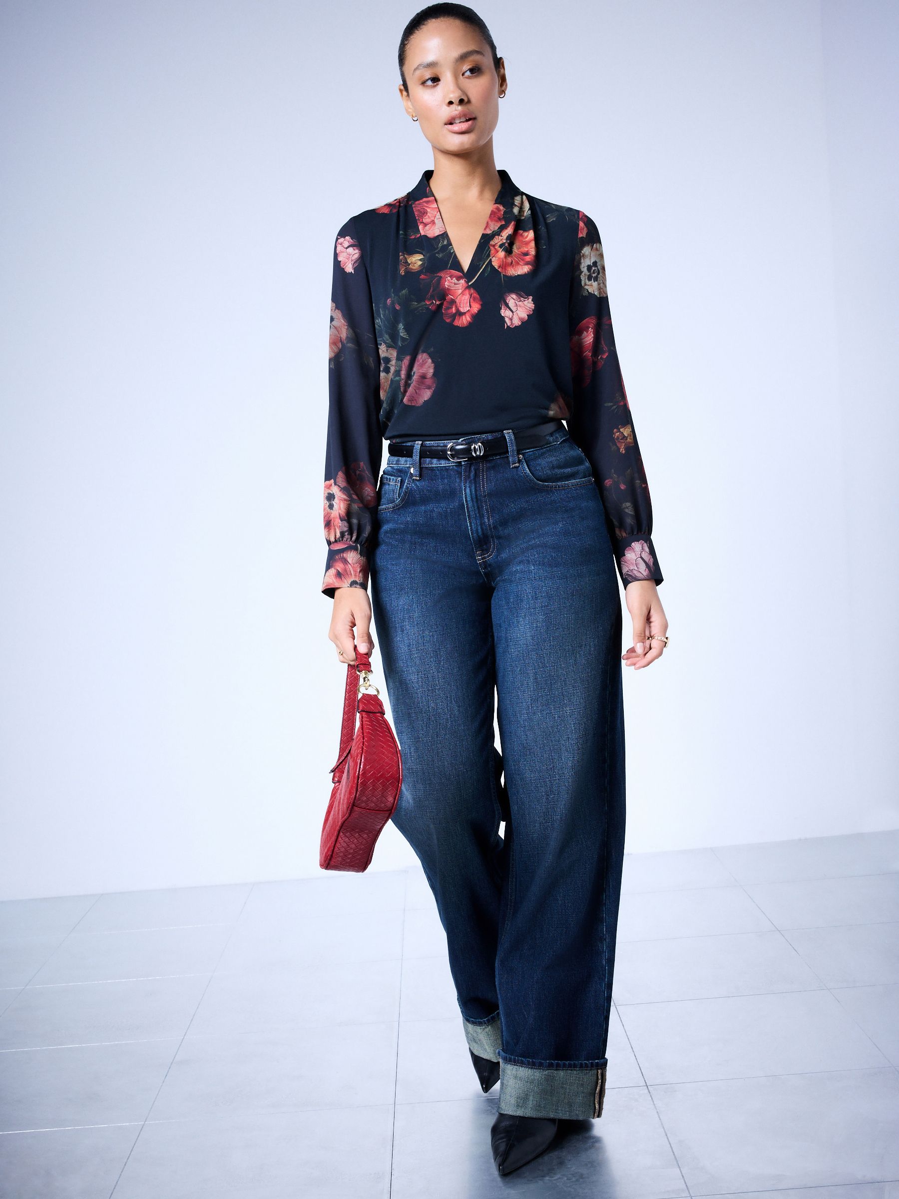 Long Sleeve V-Neck Cuff Top - Black/Red Floral Print - Petite - Location Worn