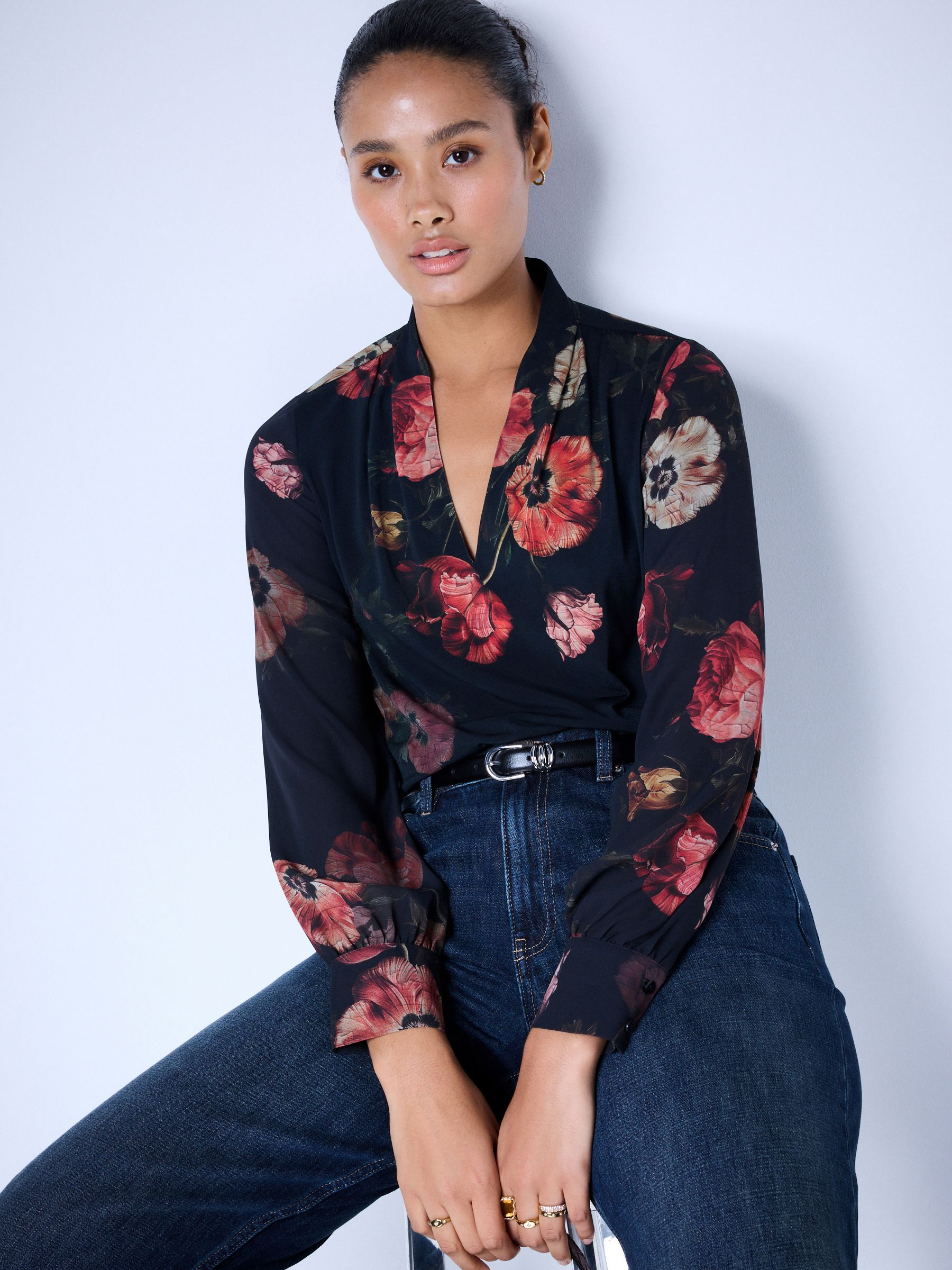 Long Sleeve V-Neck Cuff Top - Black/Red Floral Print - Petite - Location Worn