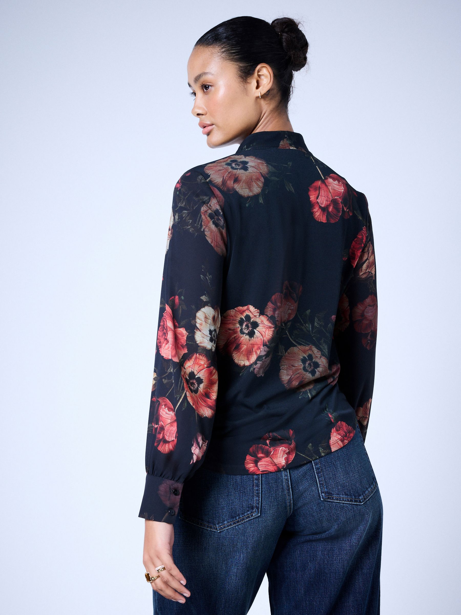 Long Sleeve V-Neck Cuff Top - Black/Red Floral Print - Petite - Location Worn