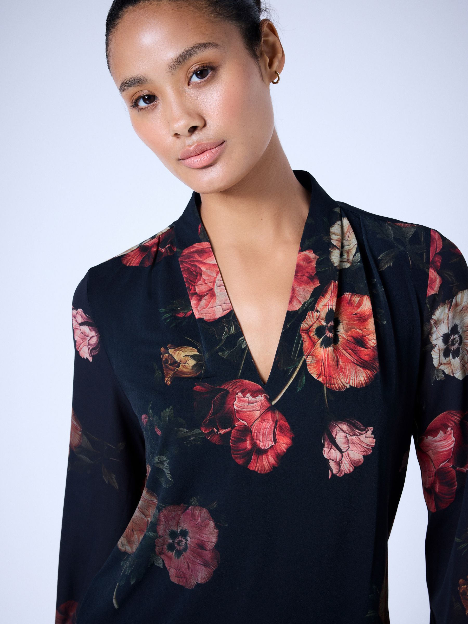 Long Sleeve V-Neck Cuff Top - Black/Red Floral Print - Petite - Location Worn