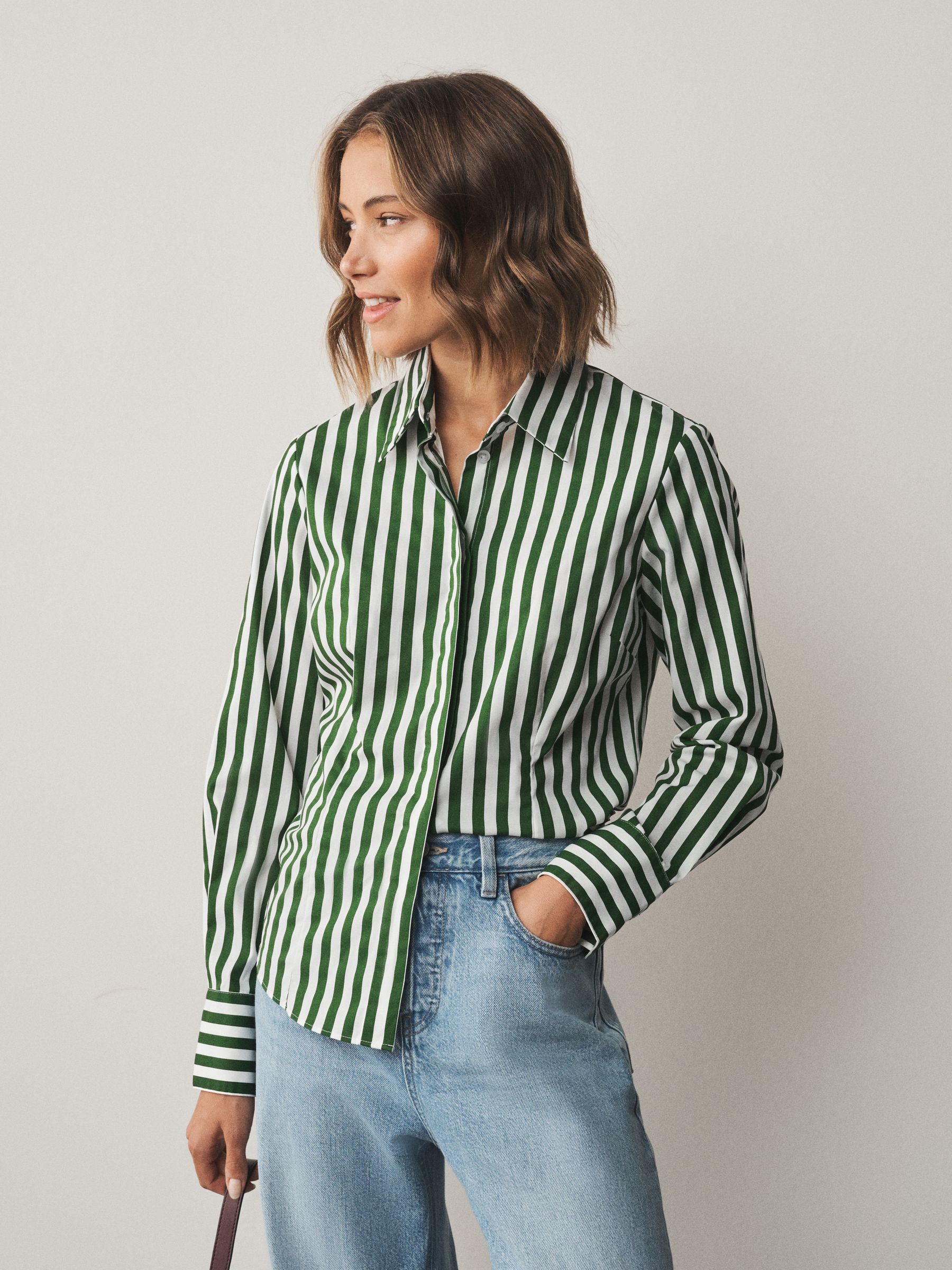 Fitted Stretch Essential Long Sleeve Shirt - Green/White - Regular - SIP Worn