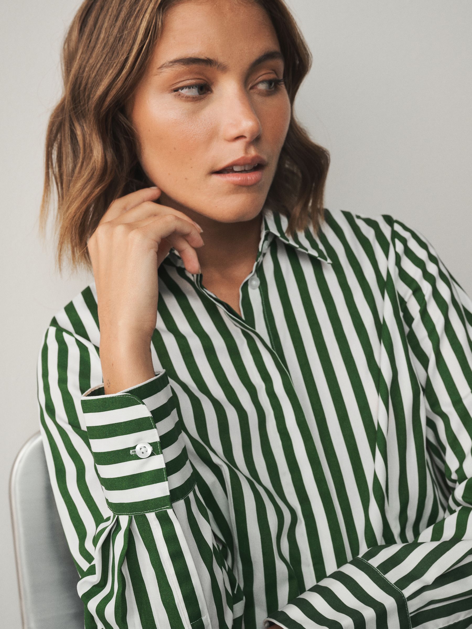 Fitted Stretch Essential Long Sleeve Shirt - Green/White - Regular - SIP Worn